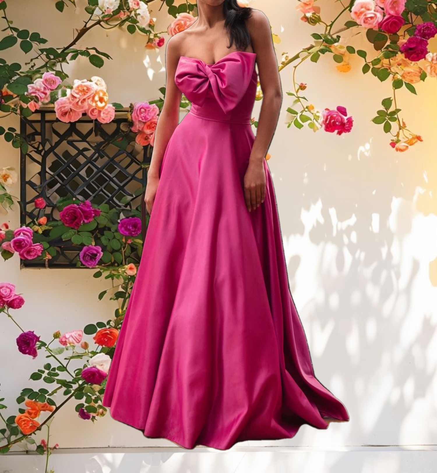 Pink Strapless A Line Bow Ballgown