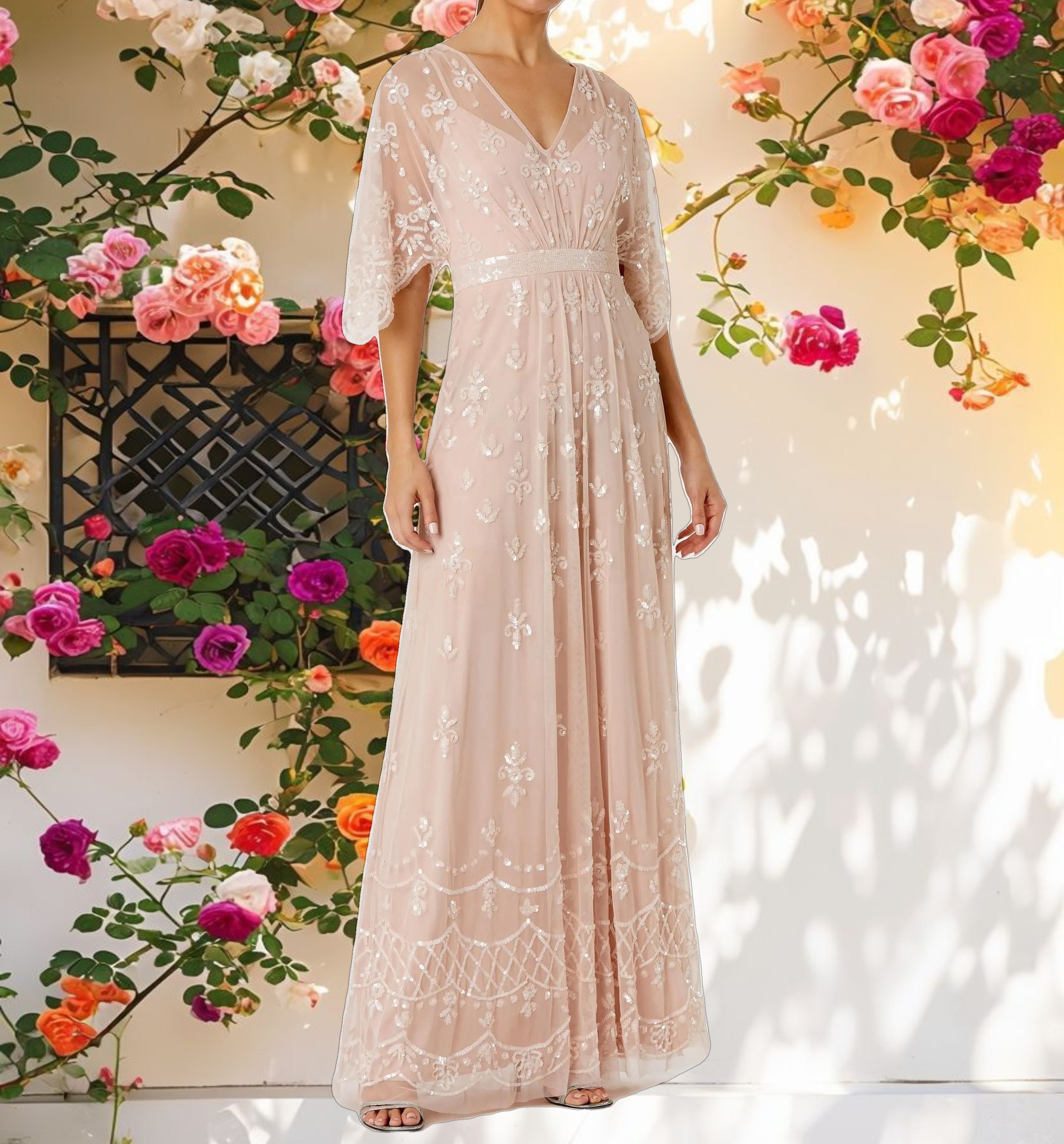 Pink V Neck Flounce Sleeve Embellished Mesh Gown