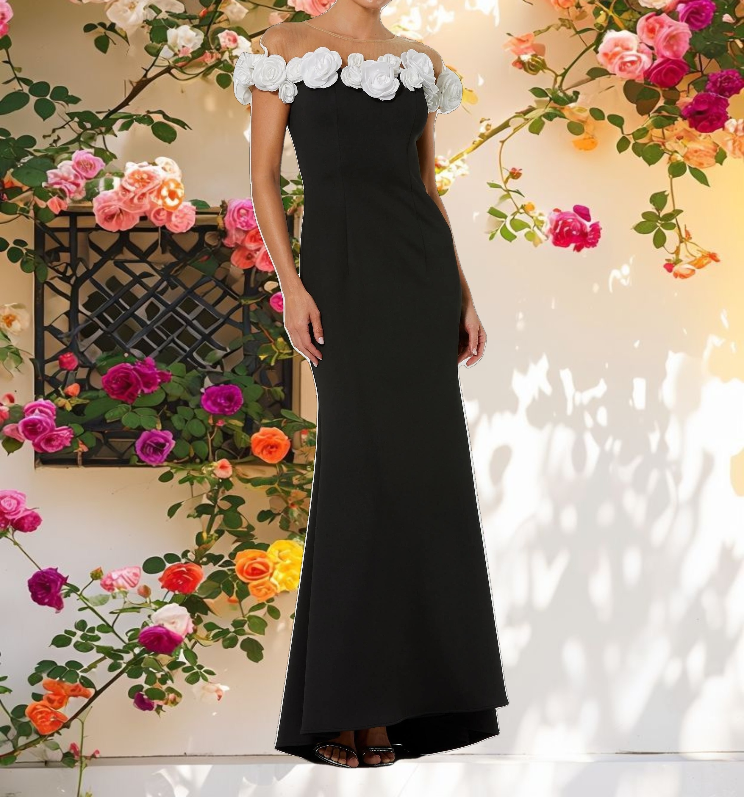 Black and White Stretch Crepe Mermaid Gown With 3D Flowers