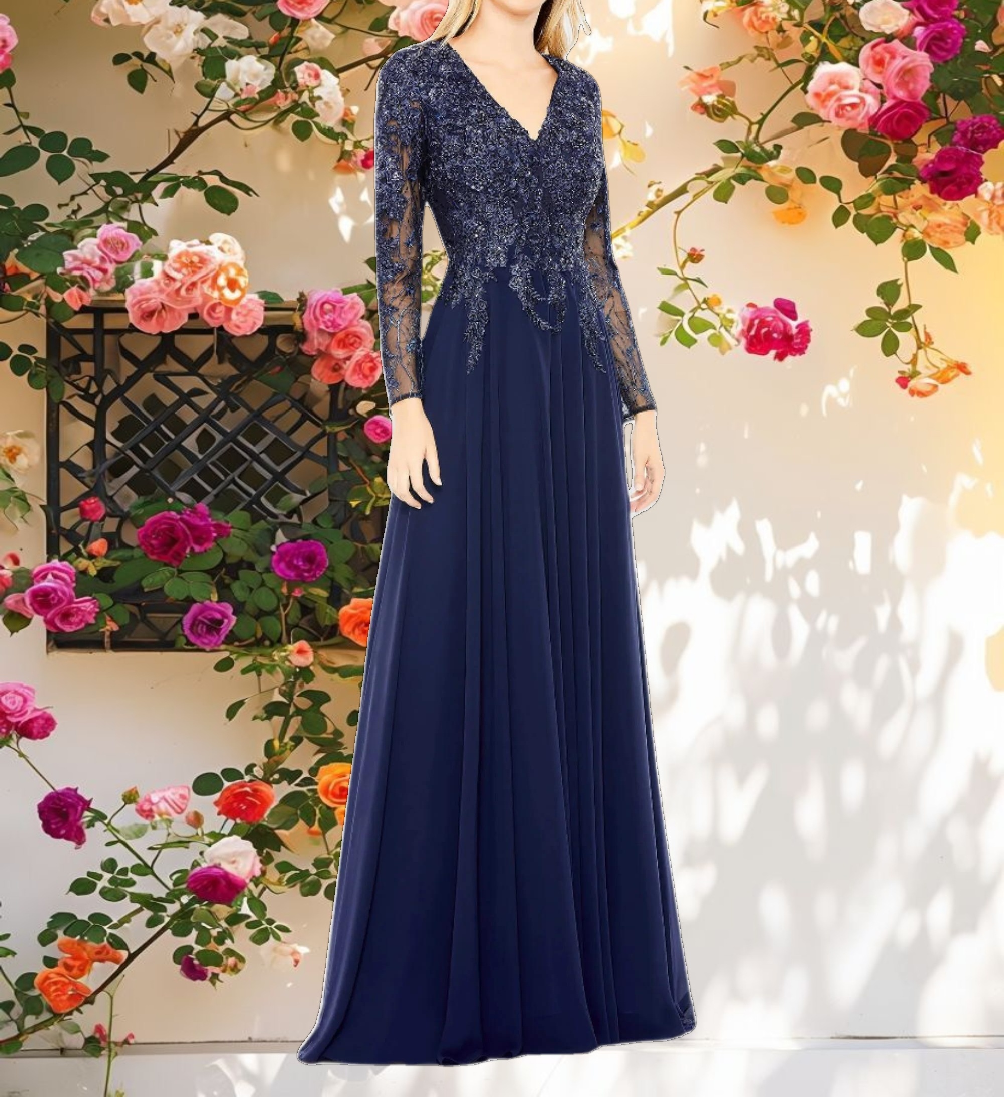 Blue Embellished Illusion V Neck Long Sleeve Gown