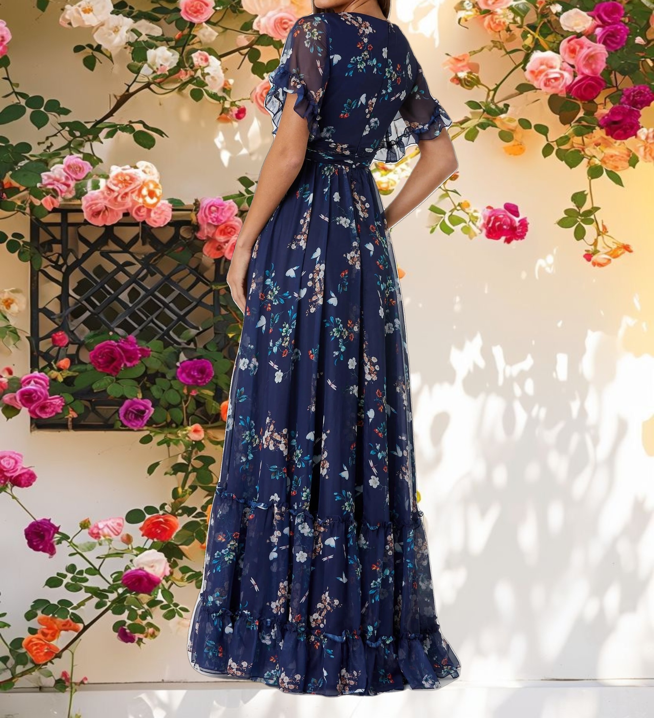 Navy Multicolor Flounce Sleeve Floral Maxi Dress