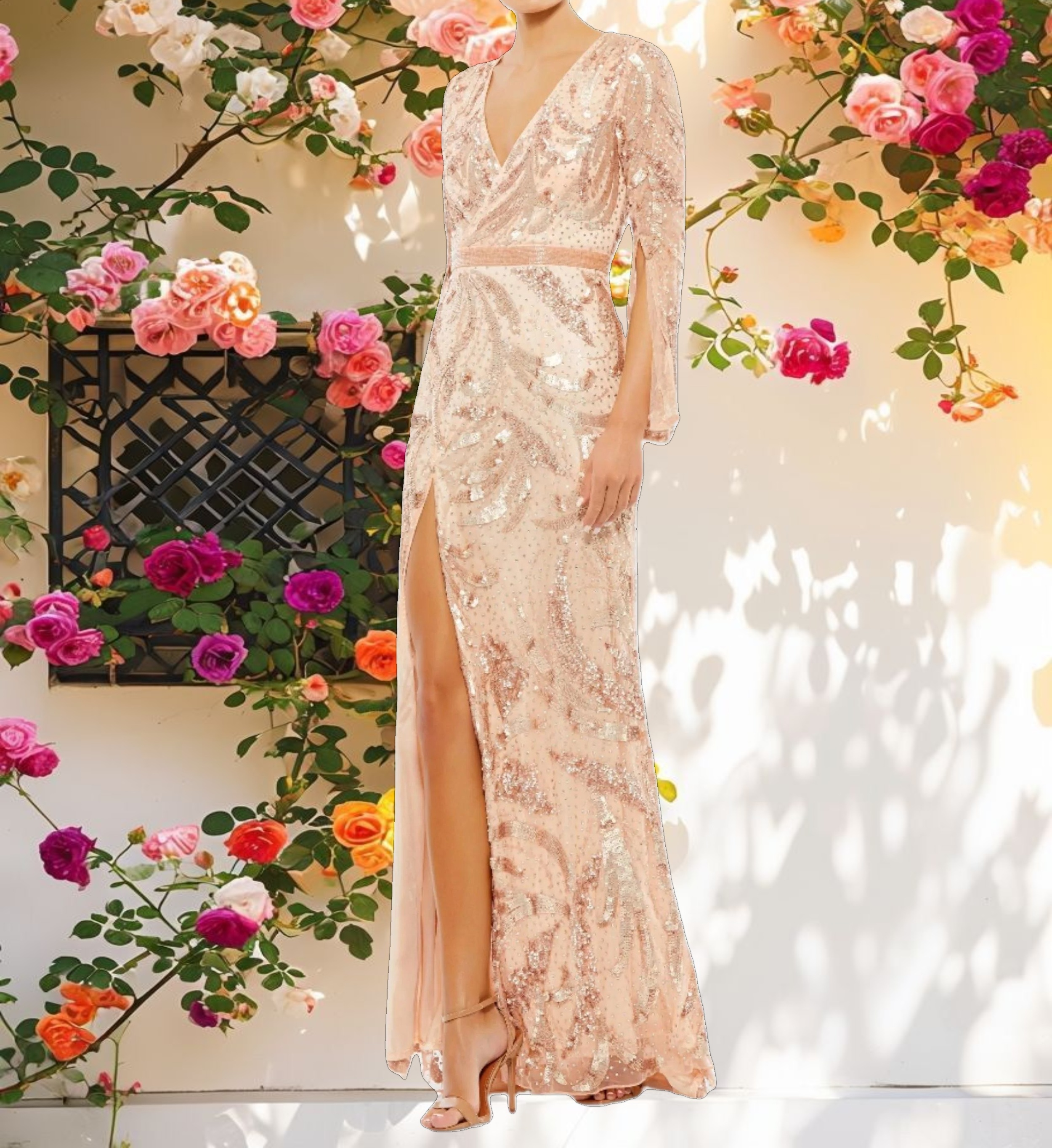 Pink Sequined Faux Wrap Split Long Sleeve Gown