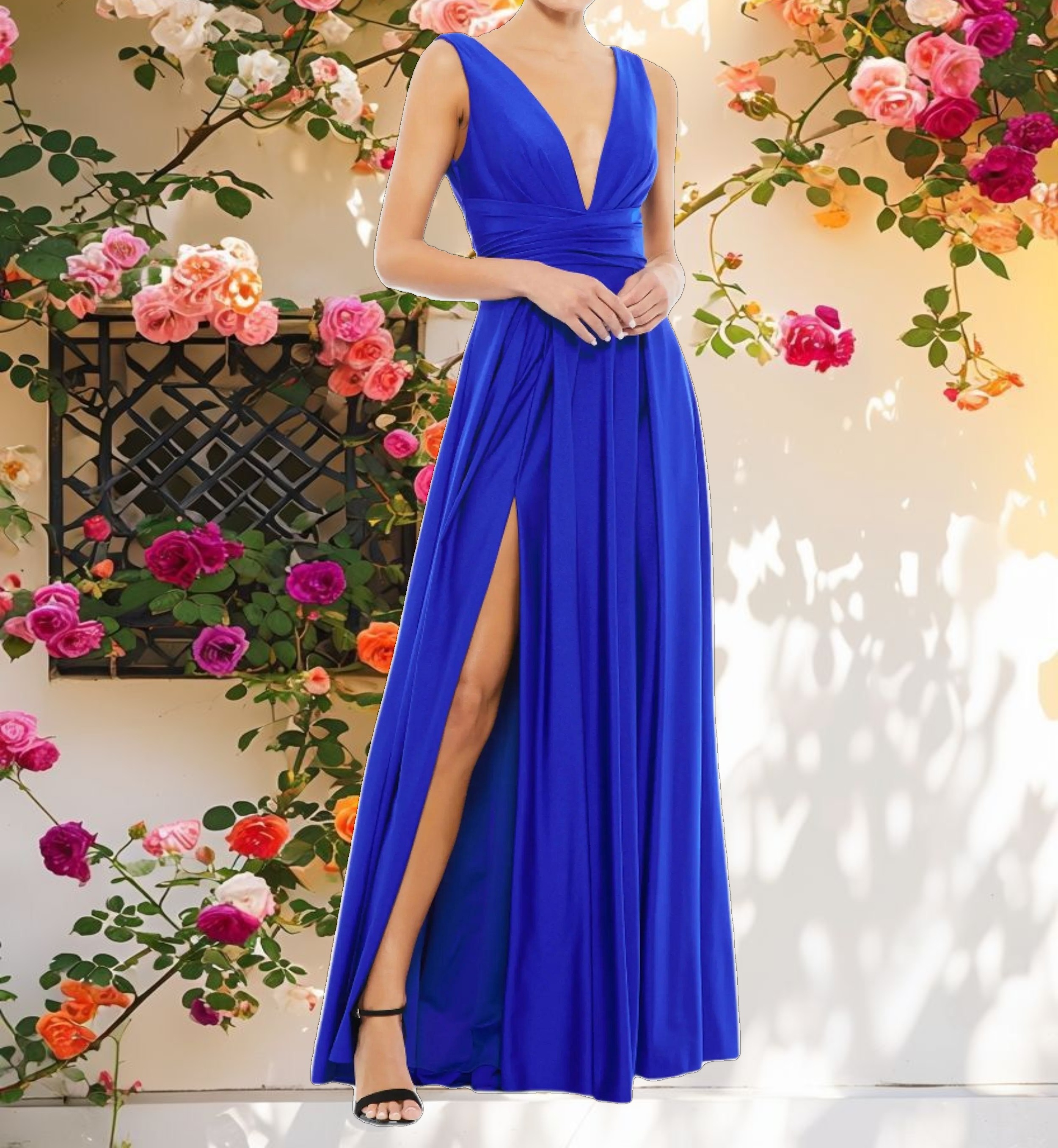 Blue Jersey Plunge Neck Evening Gown