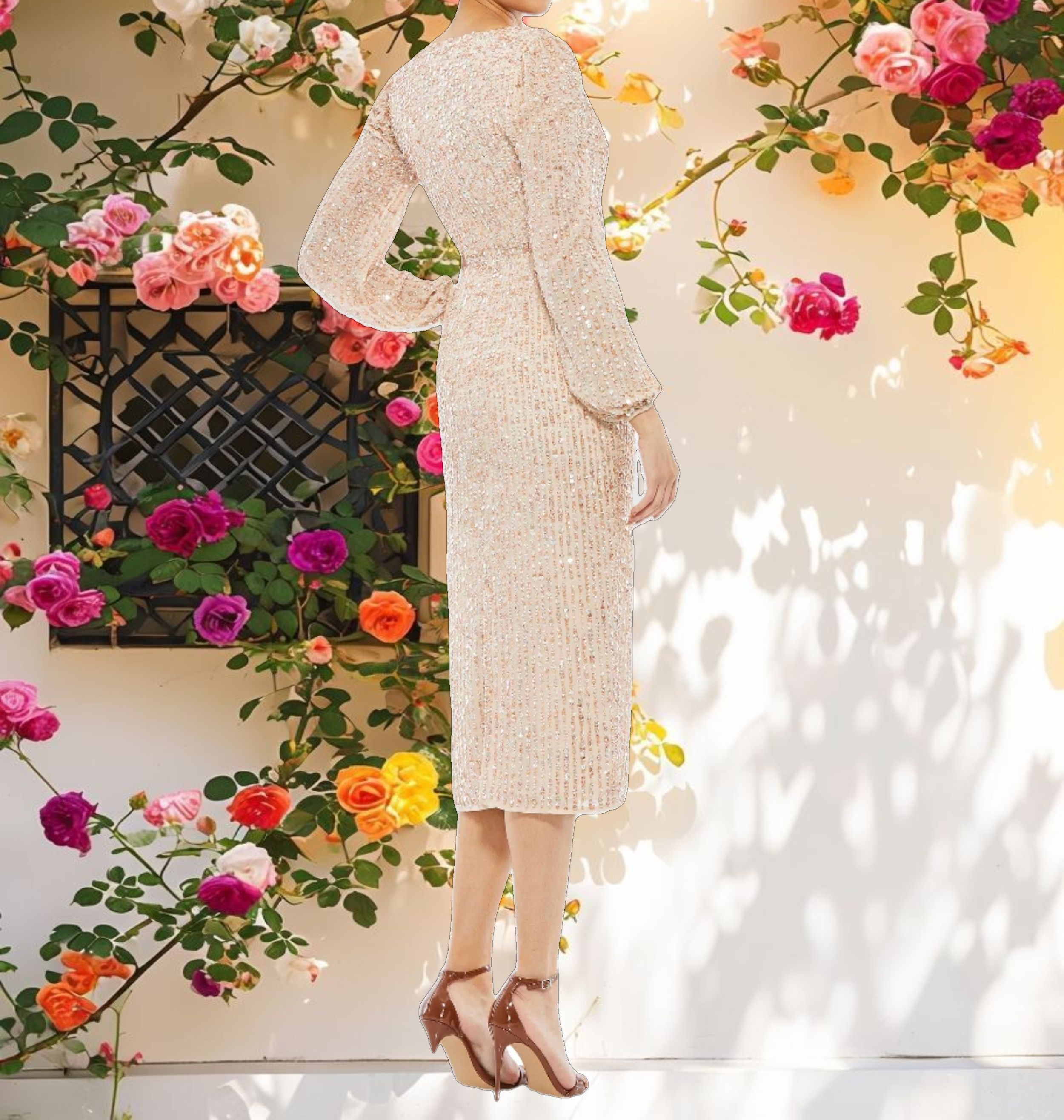 Beige Sequined Illusion Puff Sleeve V Neck Midi Dress