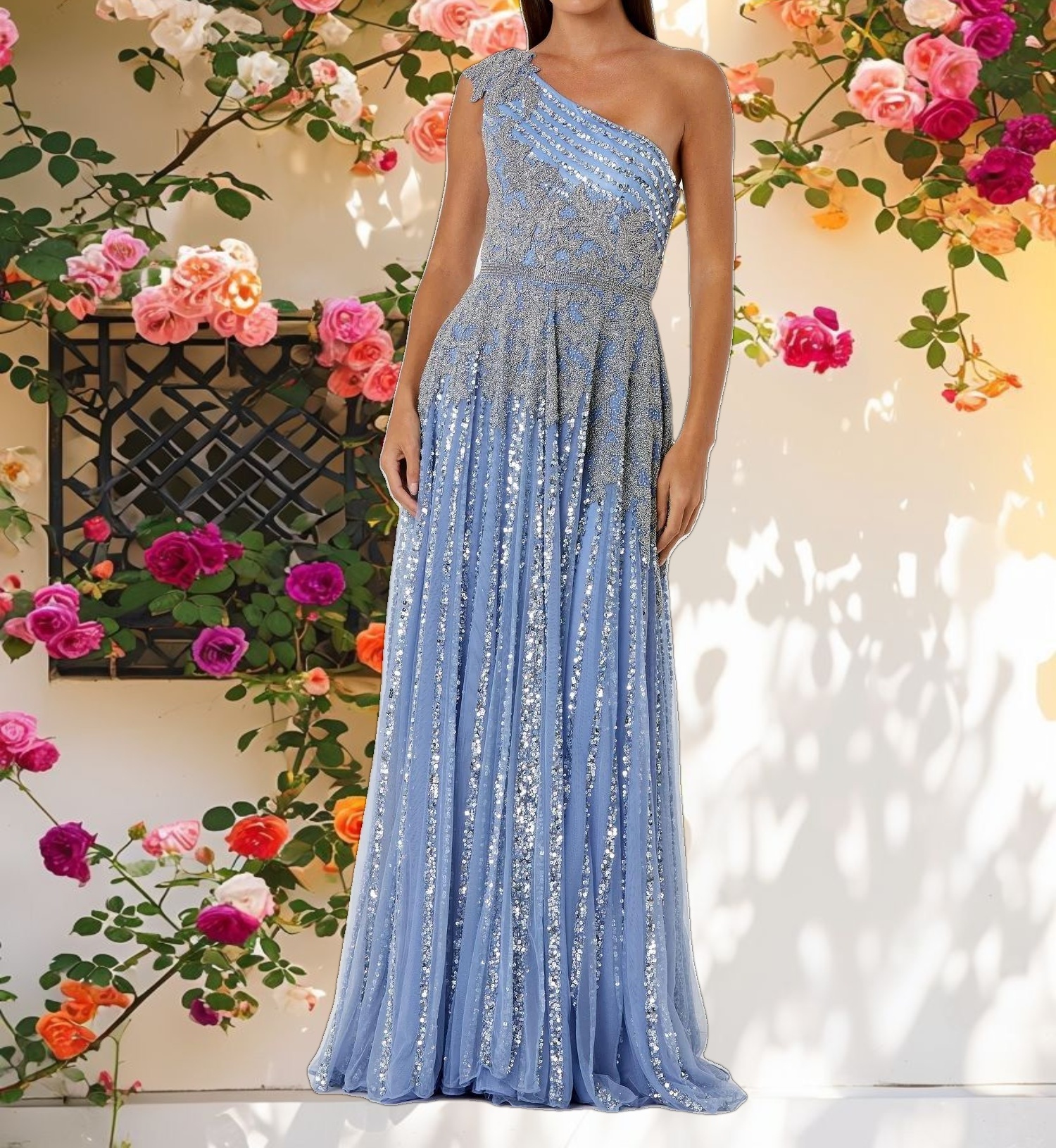 Beaded Embellished One Shoulder A Line Gown