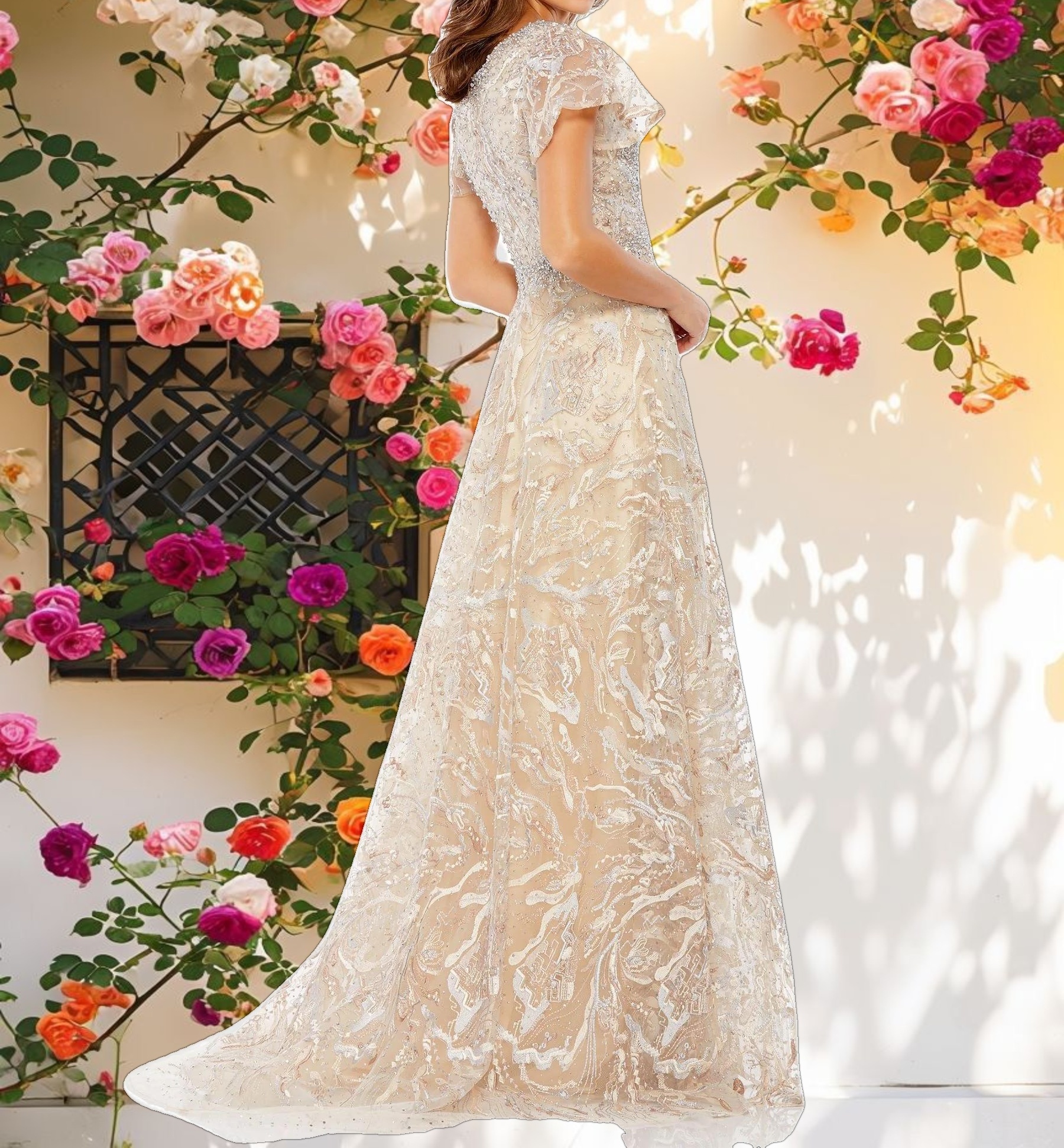 Beige Embellished Illusion Butterfly Sleeve A Line Gown