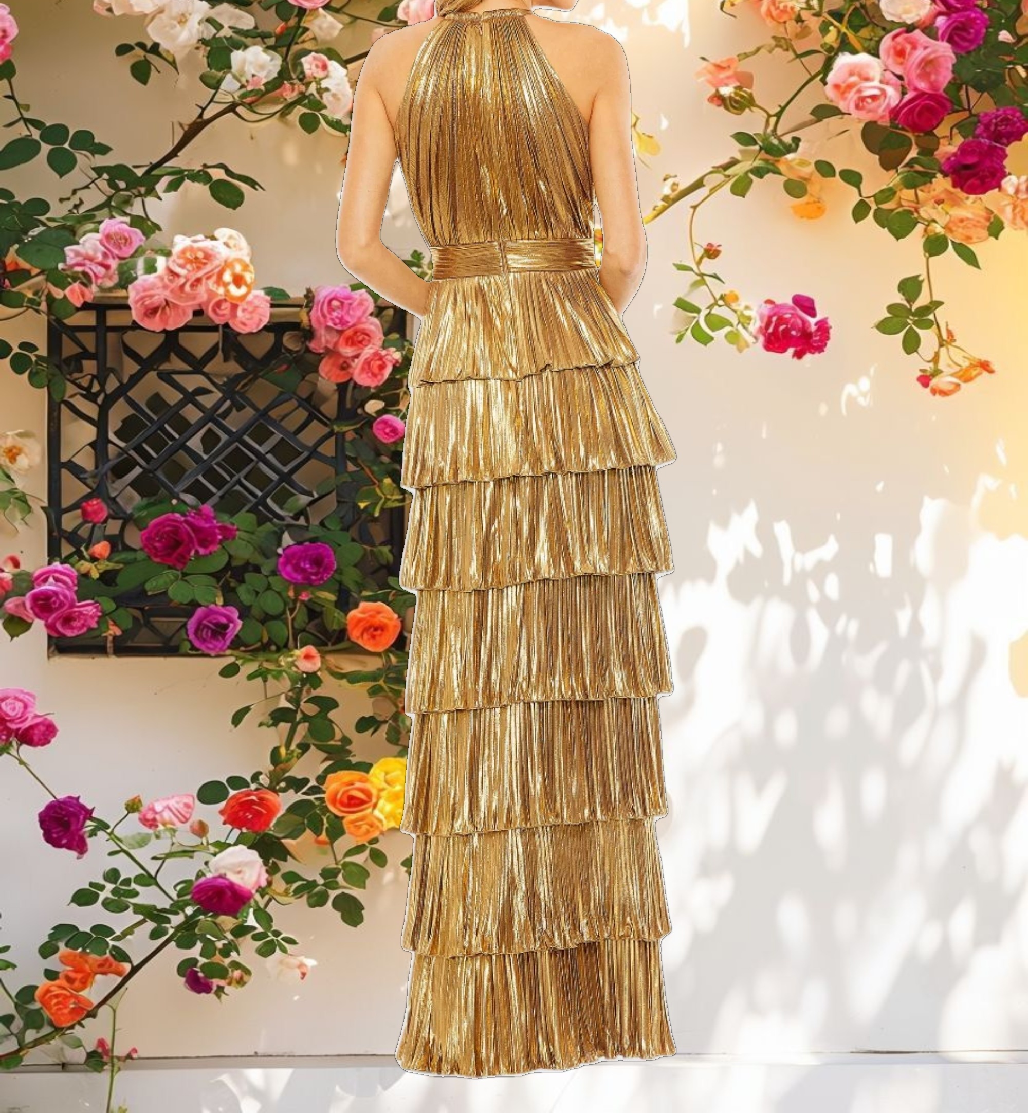 Gold High Neck Pleated Tiered Ruffle Metallic Gown
