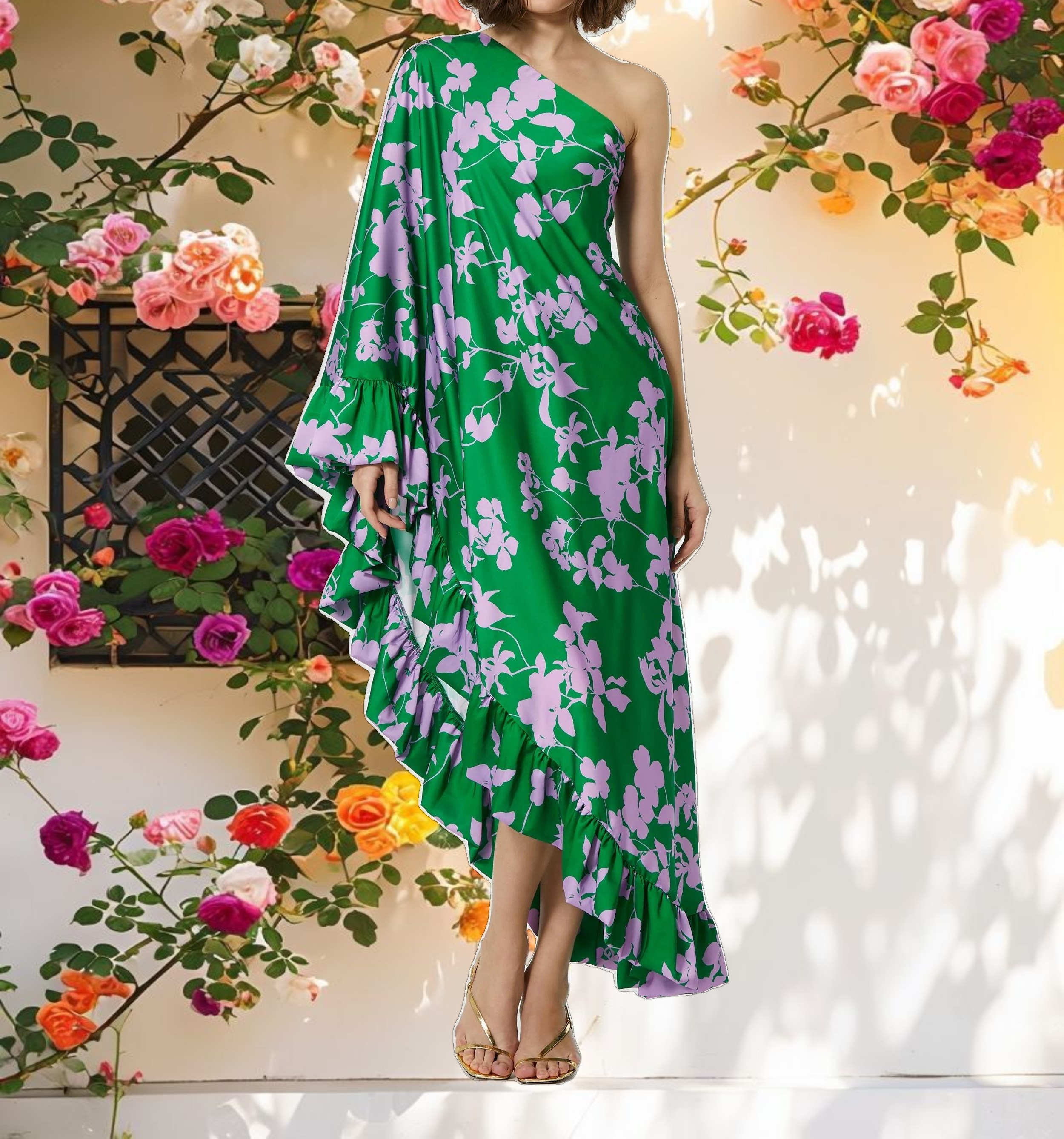 Printed Charmeuse One Shoulder Gown