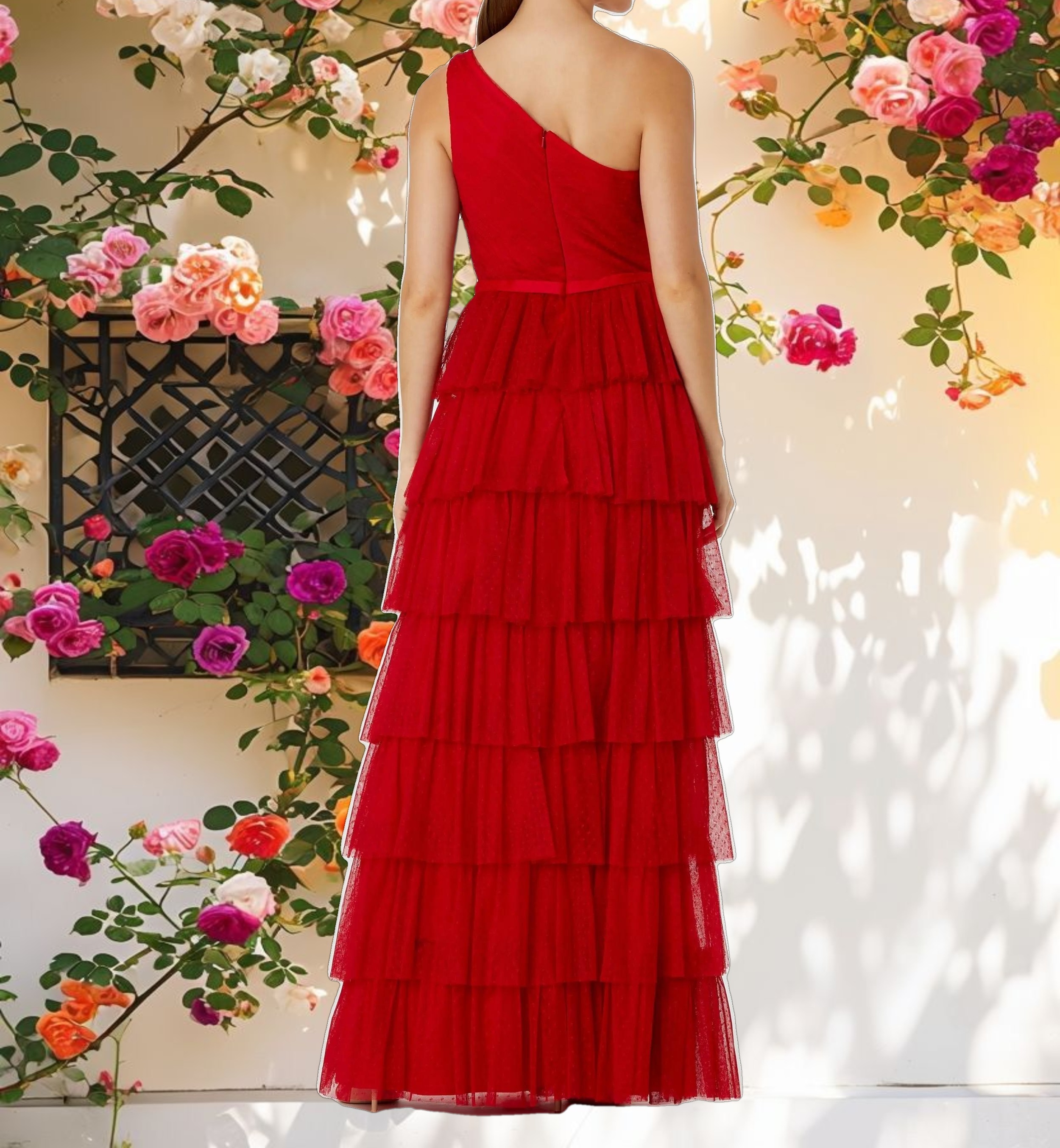 One Shoulder Layered Tiered Tulle Gown