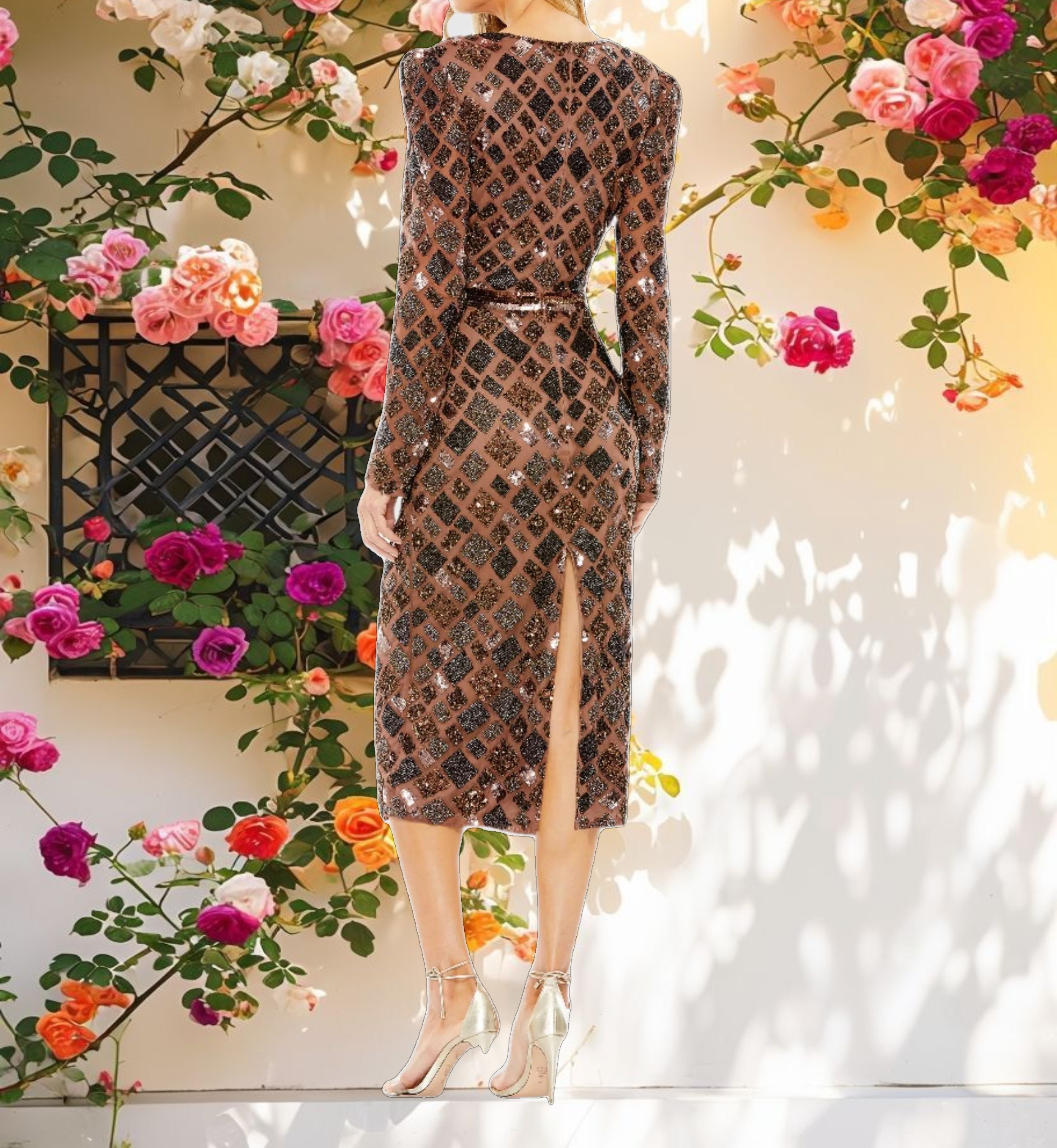 Brown Geo Embellished Midi Sheath Dress