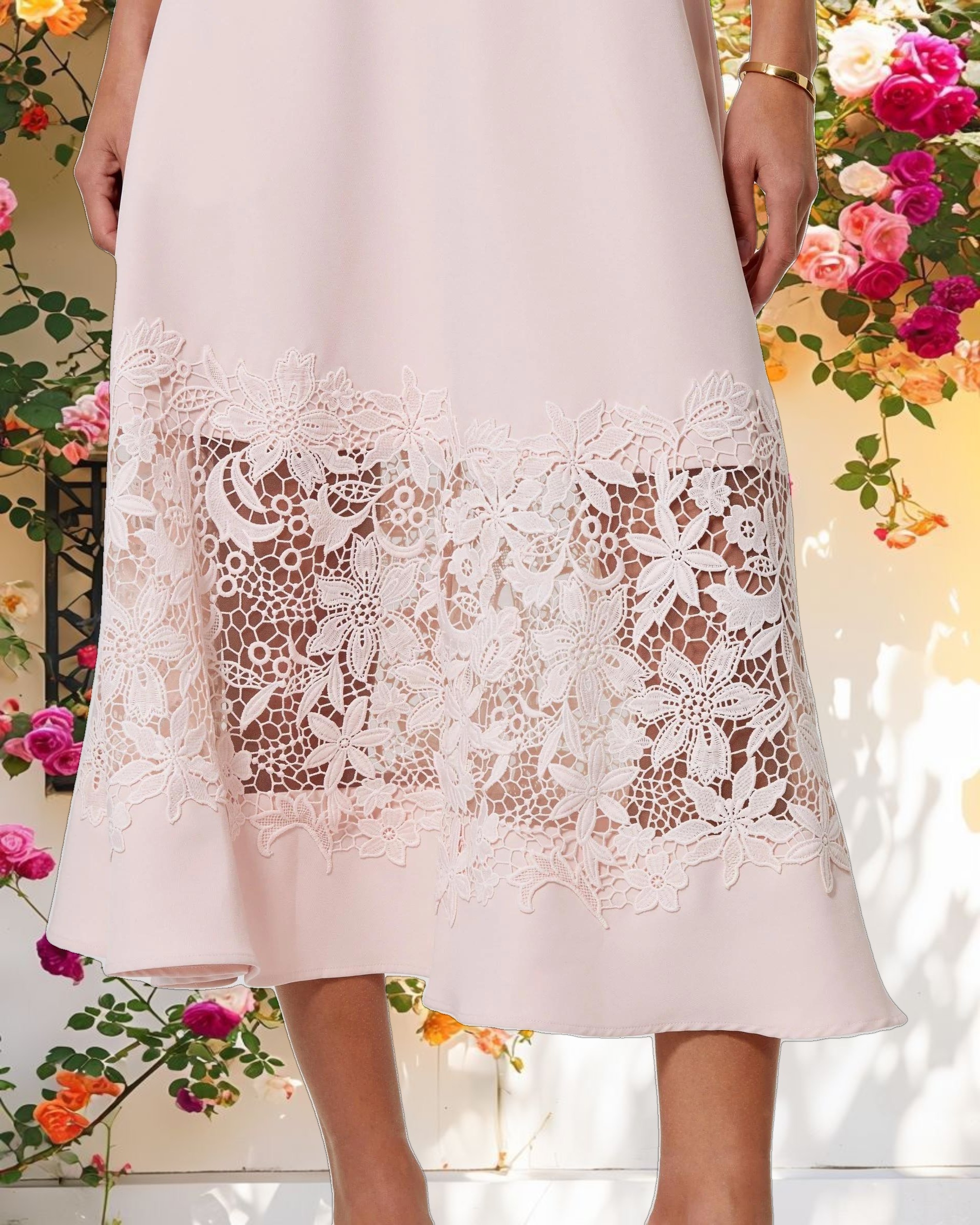 Pink Crepe Boat Neck Midi Dress With Applique Cut Out