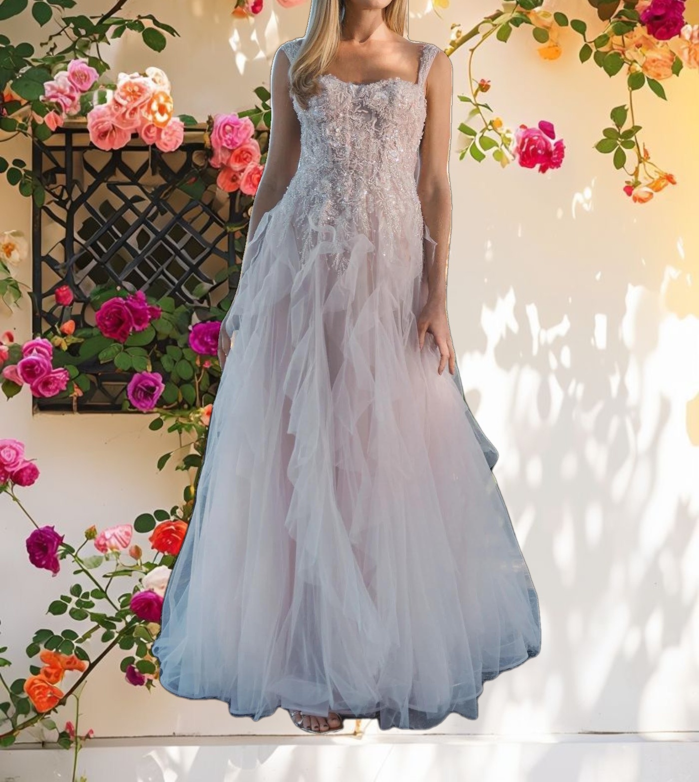 Pink Bustier Tulle Evening Dress With Ruffle Skirt