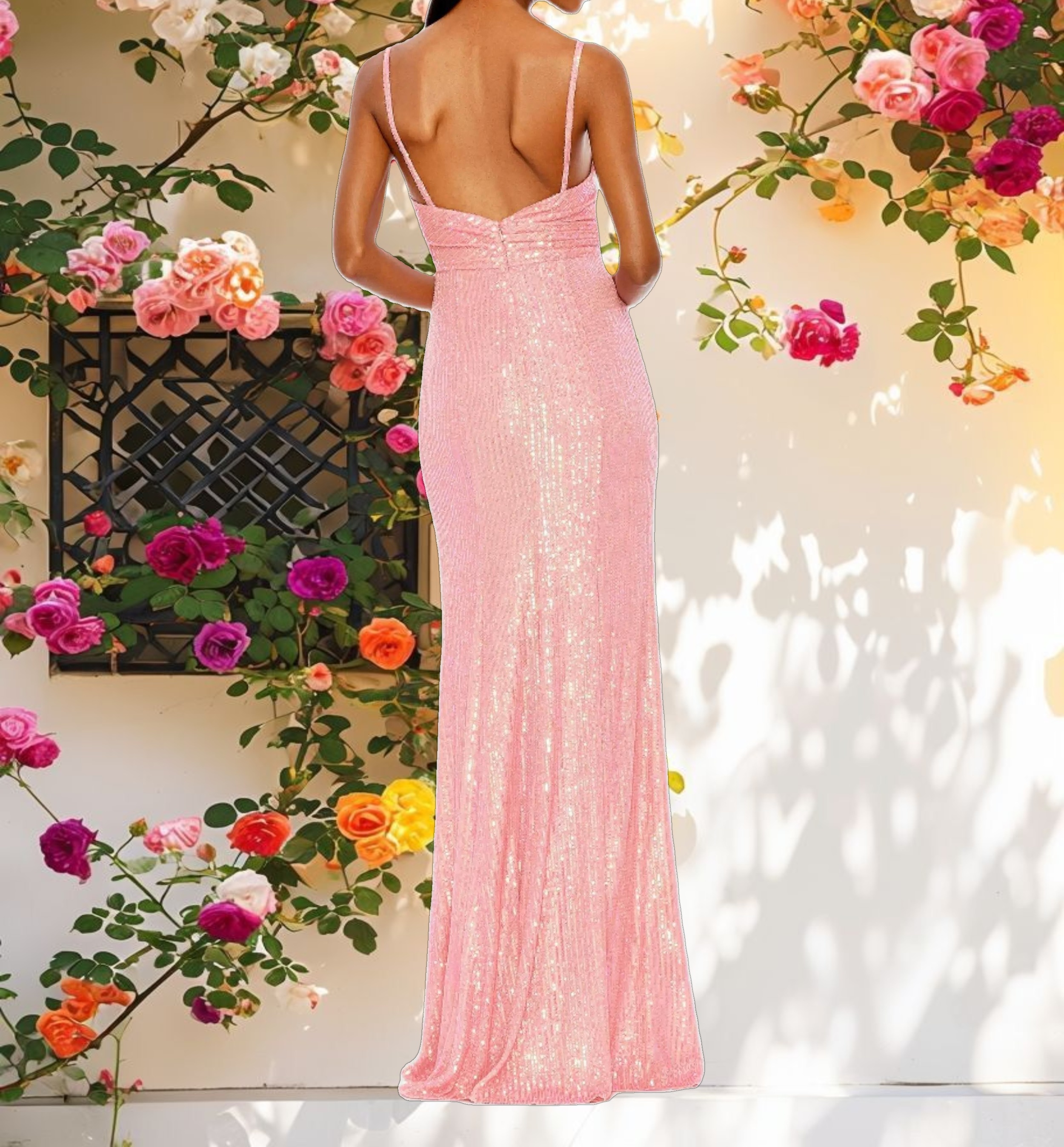 Pink Sequined Draped V Neck Gown