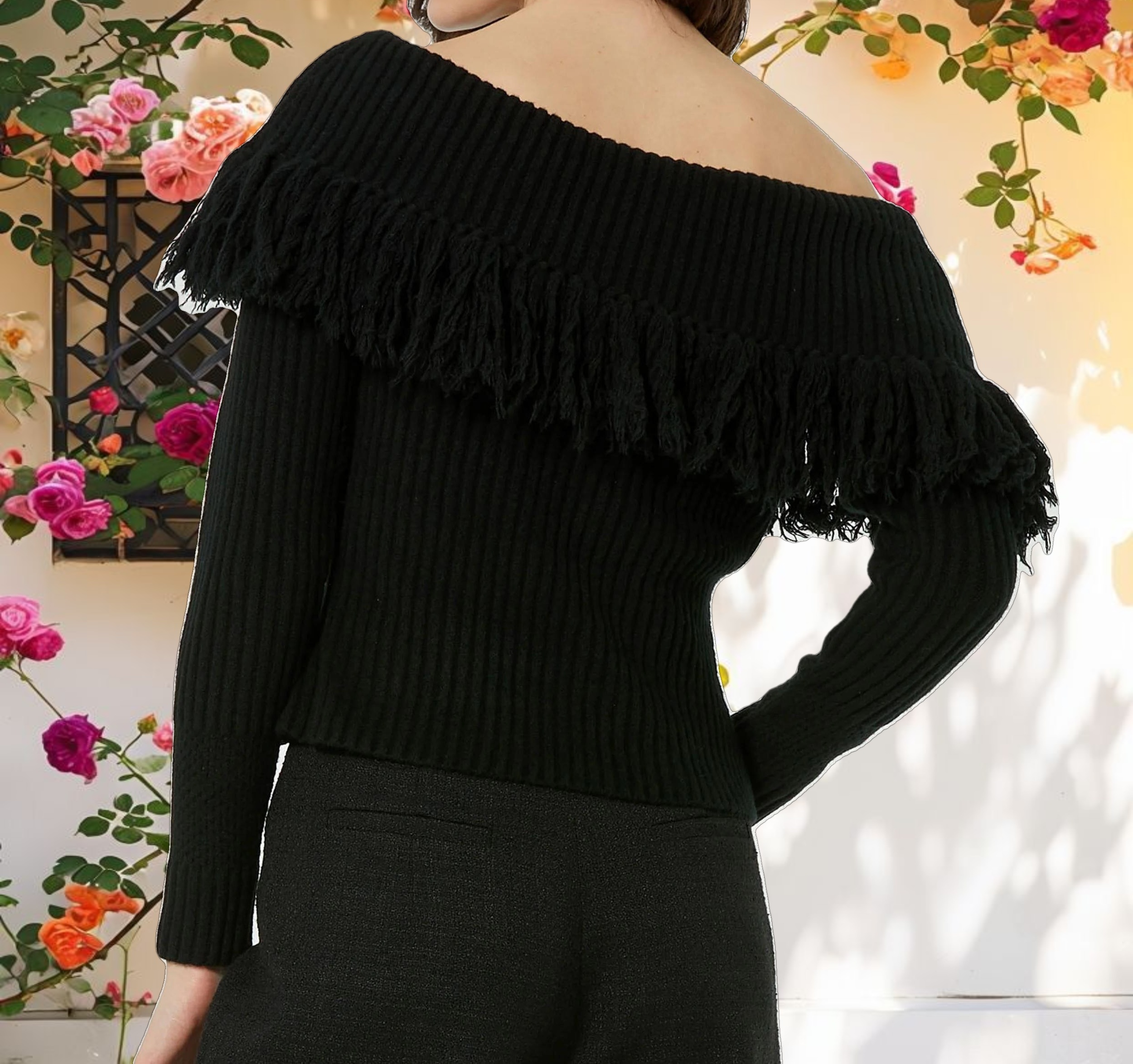 Black Off The Shoulder Fringe Knit Sweater