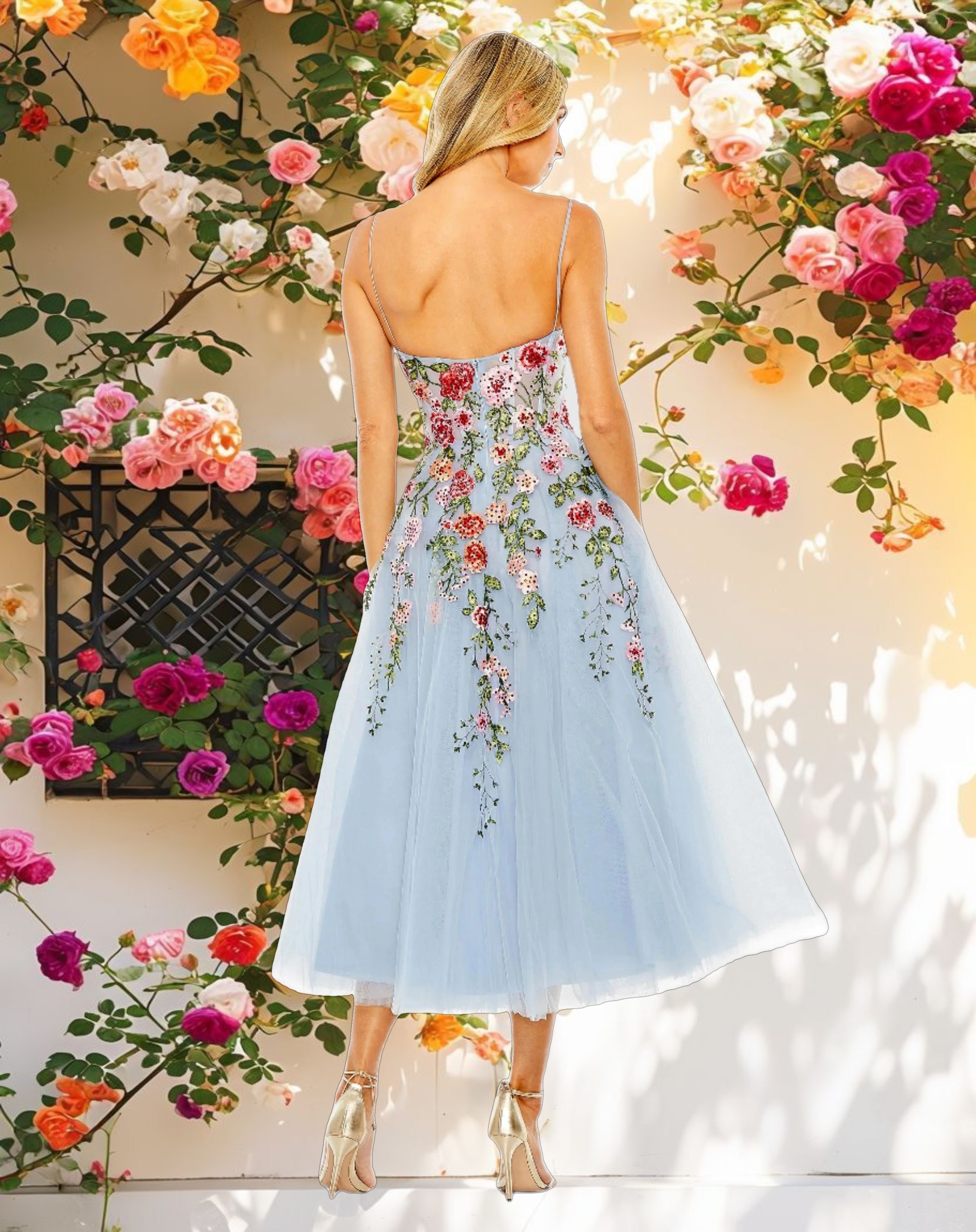 Blue Bustier Embroidered Floral A Line Dress