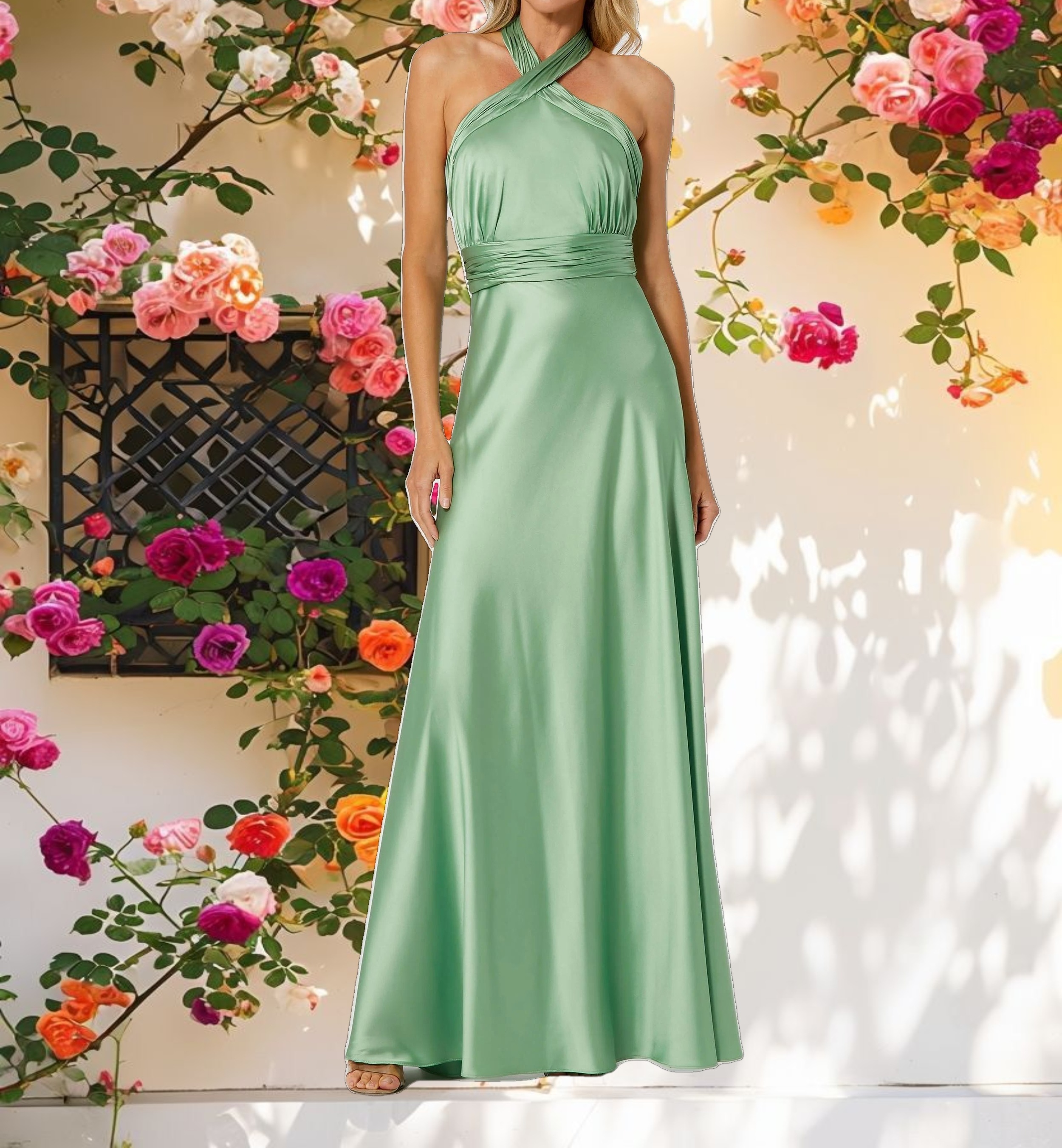 Elegant Ruched Halter Neck Satin Dress