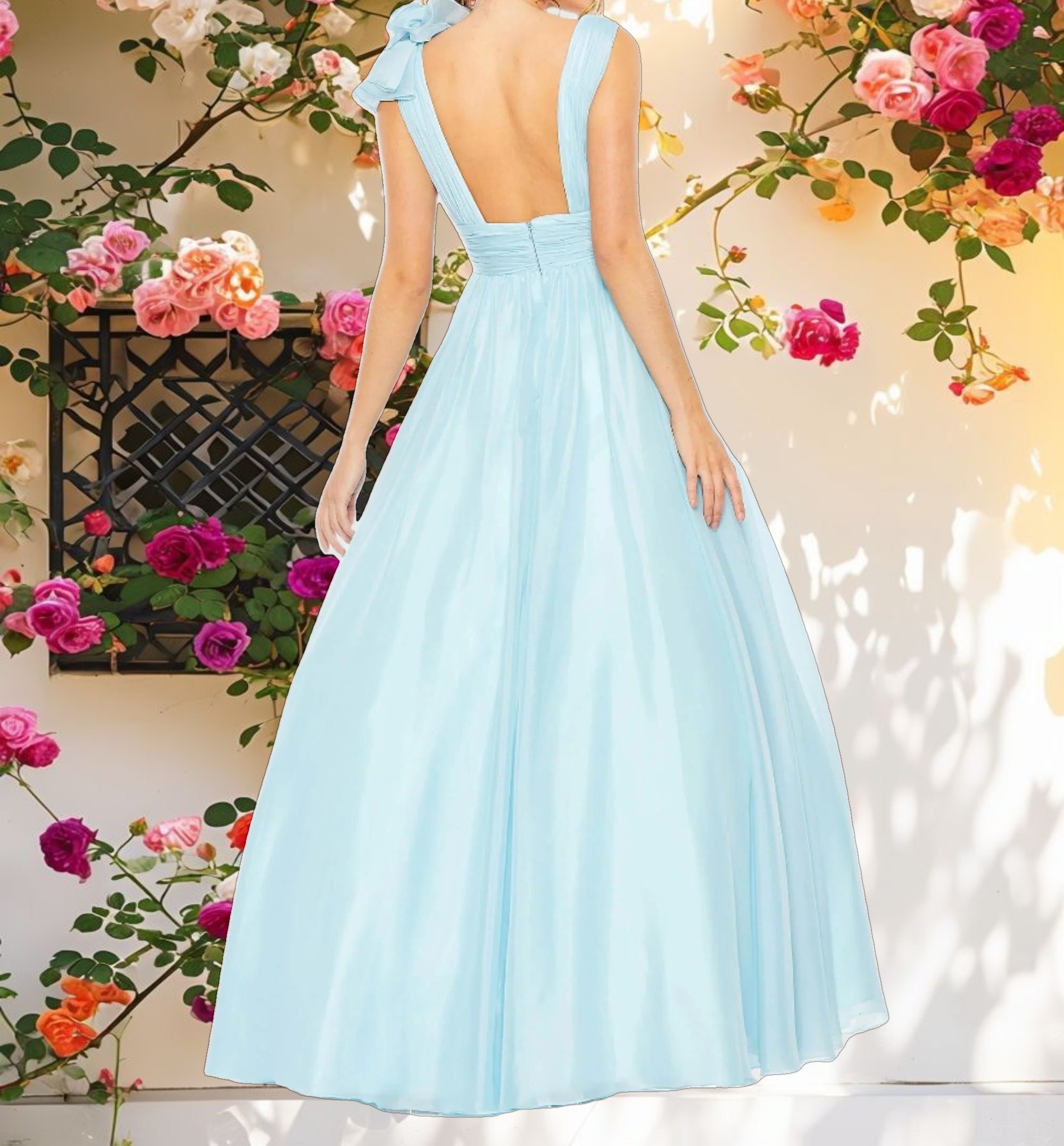 Light Blue Ruffle Shoulder V-Neck Chiffon Gown