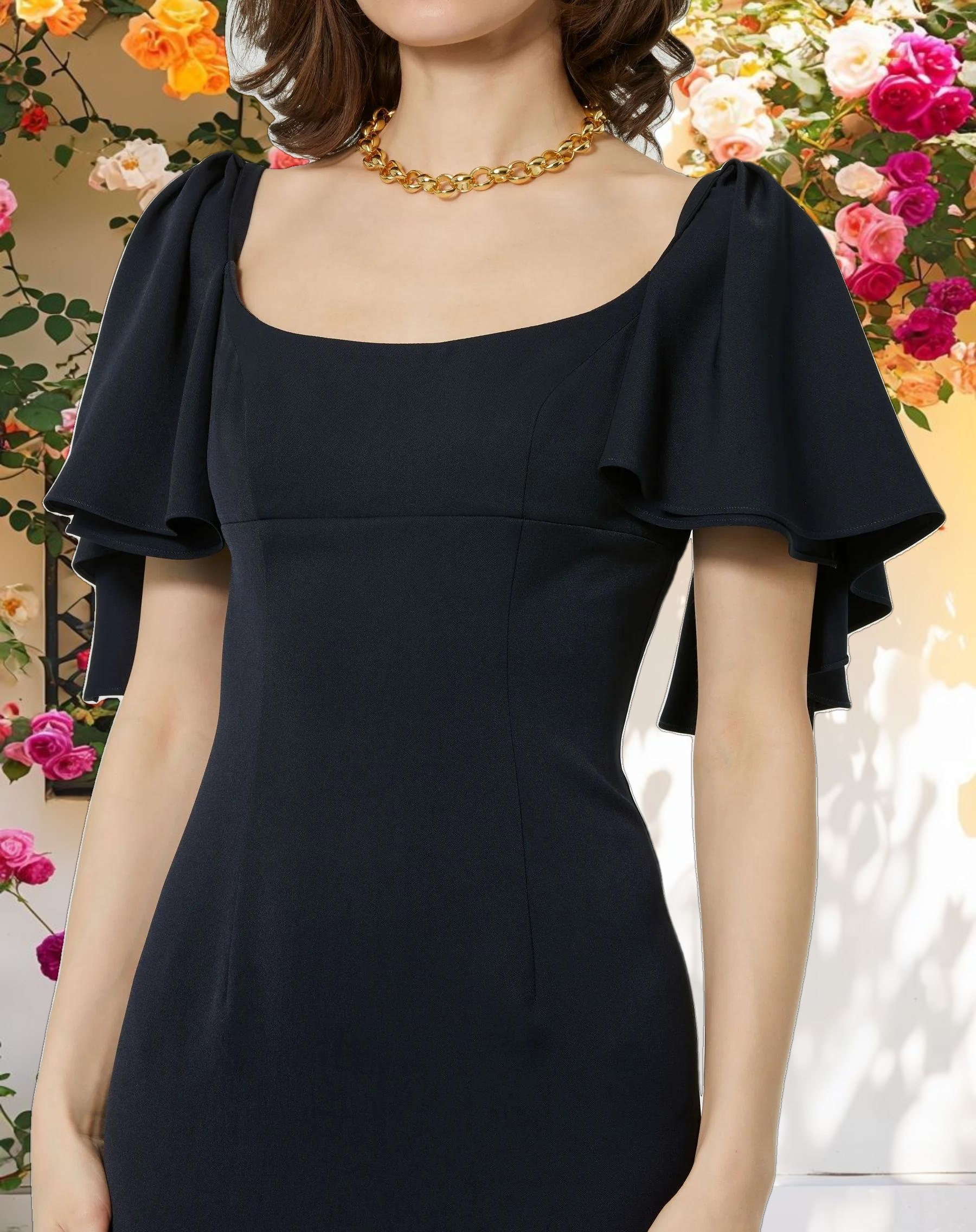 Navy Crepe Fitted Column Dress With Short Ruffle Sleeves