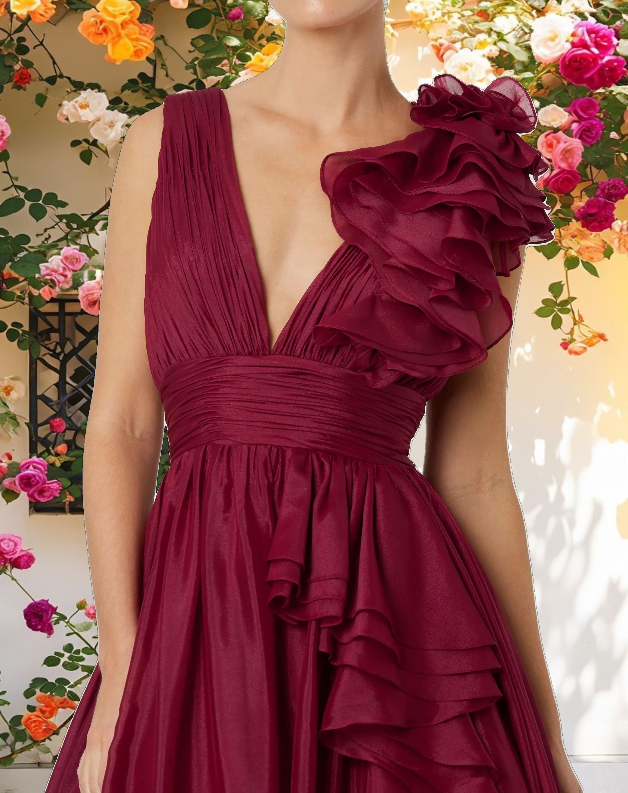Dark Red Ruffle Shoulder V Neck Chiffon Gown