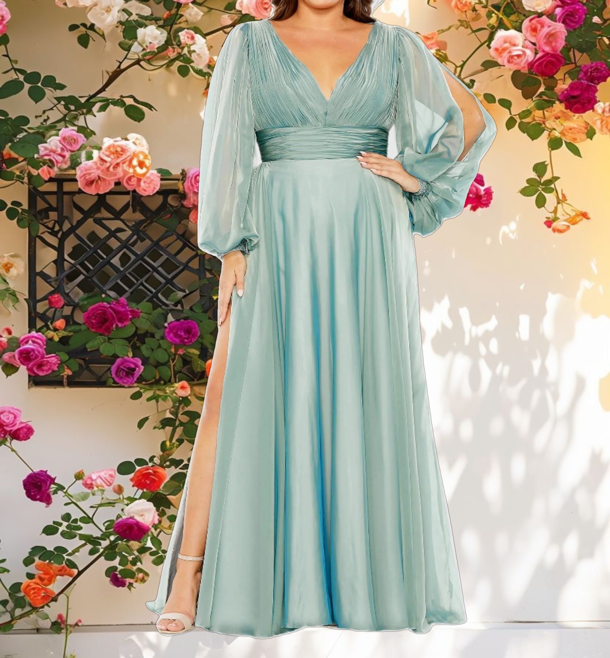 Ethereal Puff Sleeve w/ Embellished Cuff V Neck Gown