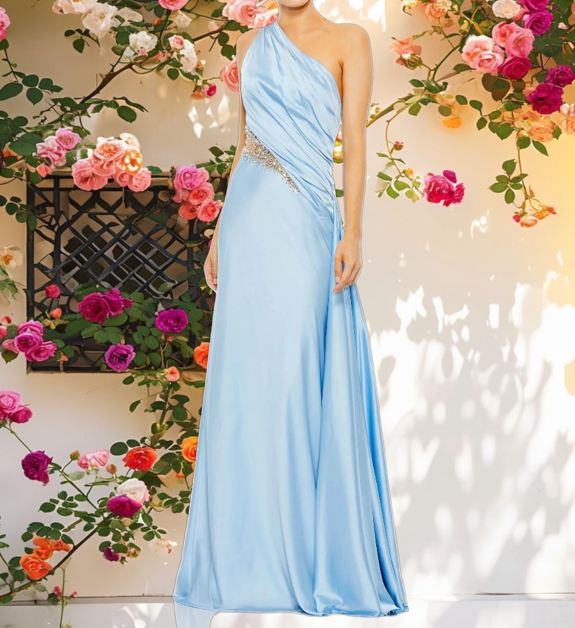 Blue Embellished Satin Gown