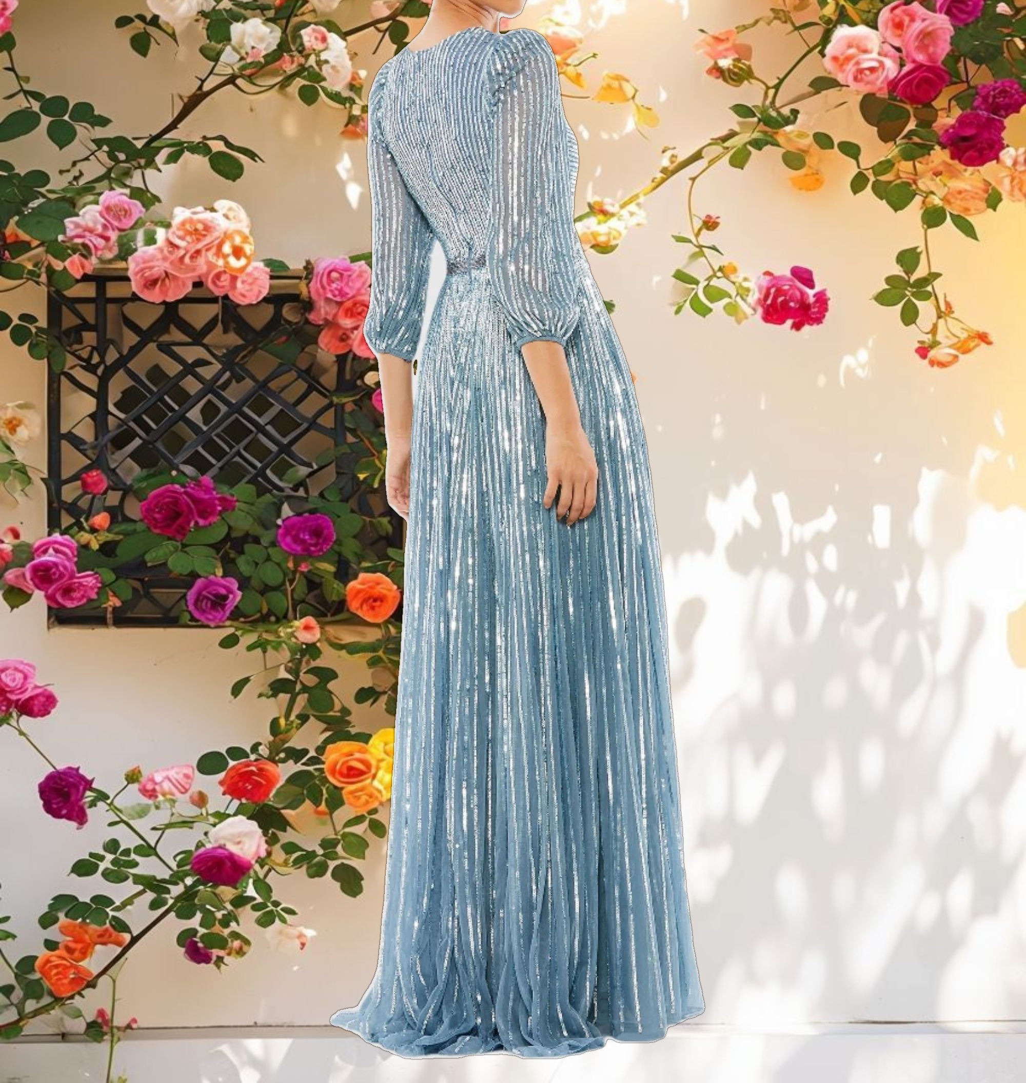 Blue Sequined Wrap Over 3/4 Sleeve Gown