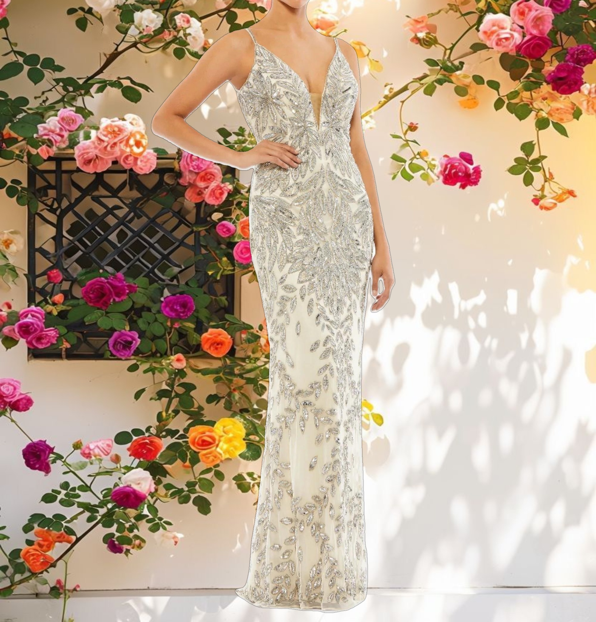 Silver Embellished Leaf Evening Gown