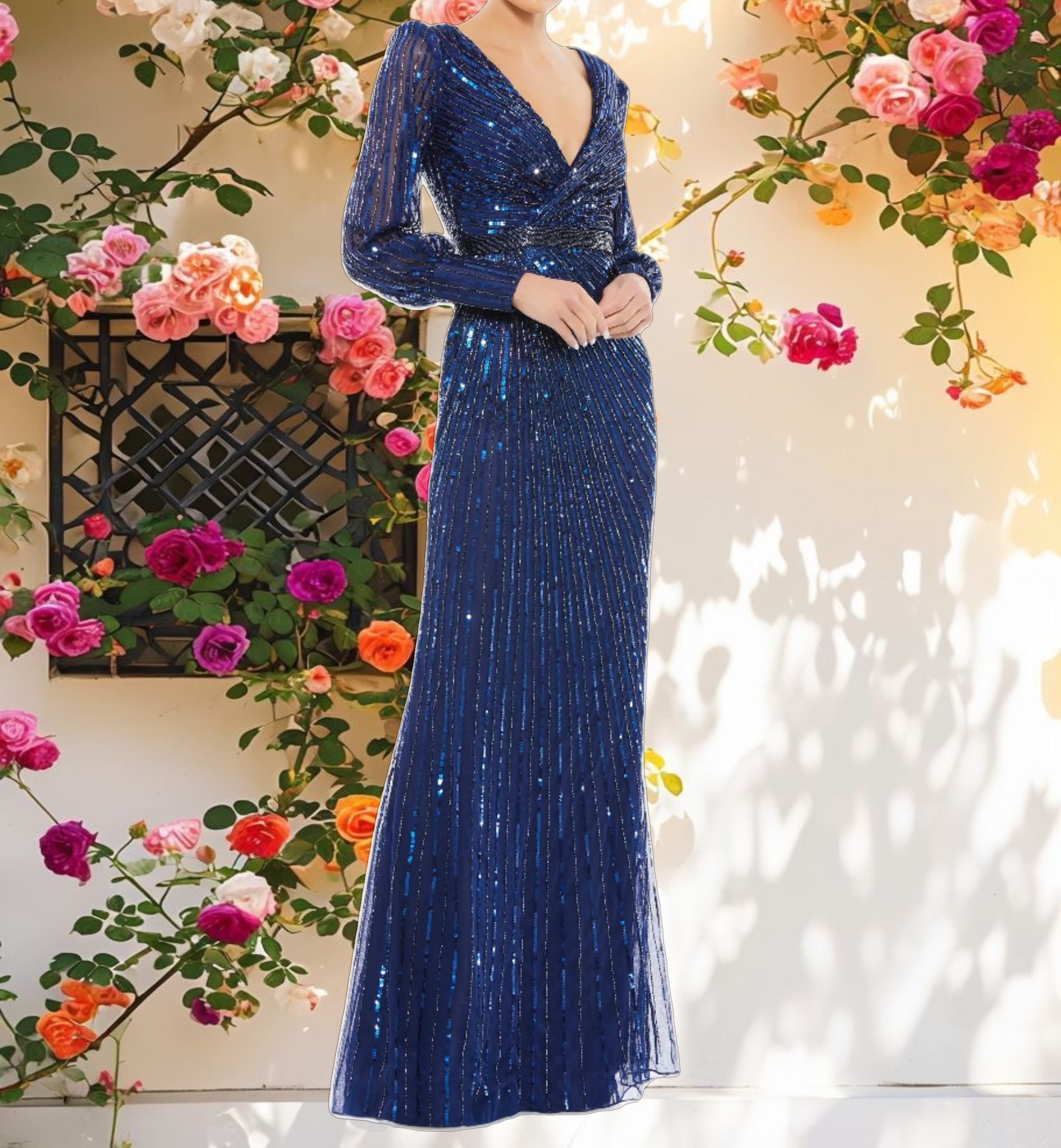 Sequined Wrap Over Bishop Sleeve Gown