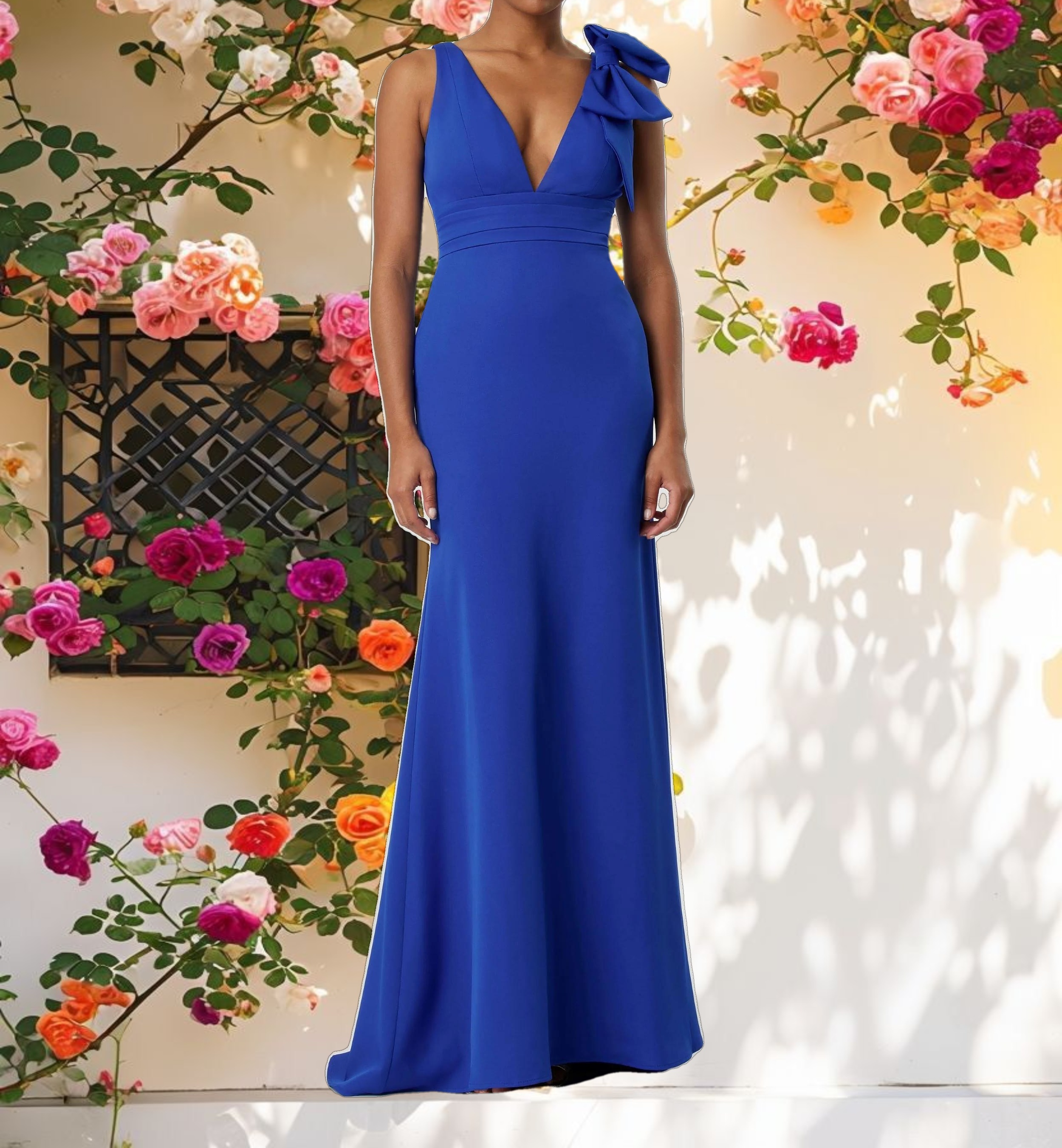 Dark Blue Sleeveless V Neck Bow Detail Mermaid Gown