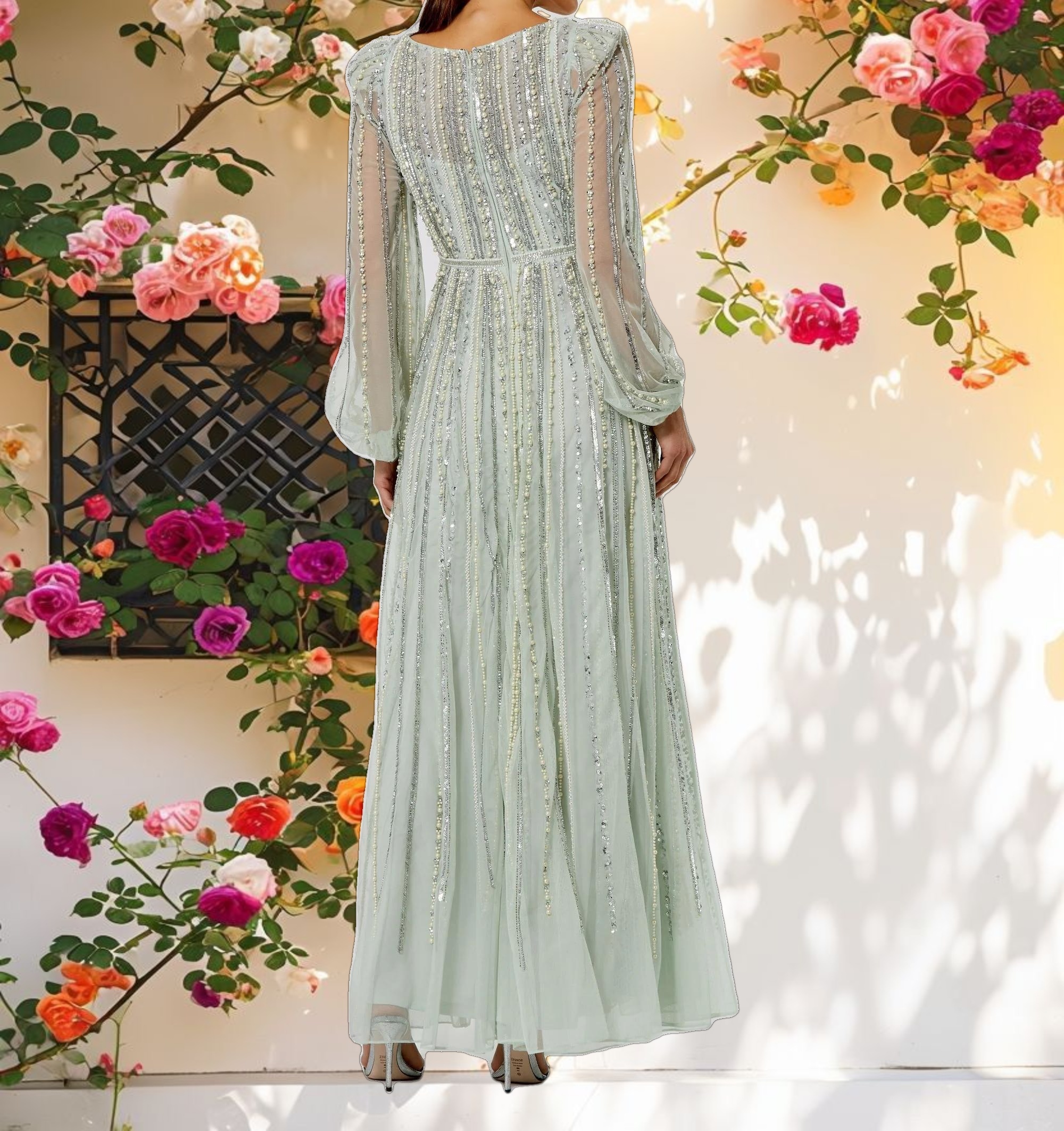 Striped Beaded Long Sleeve Gown