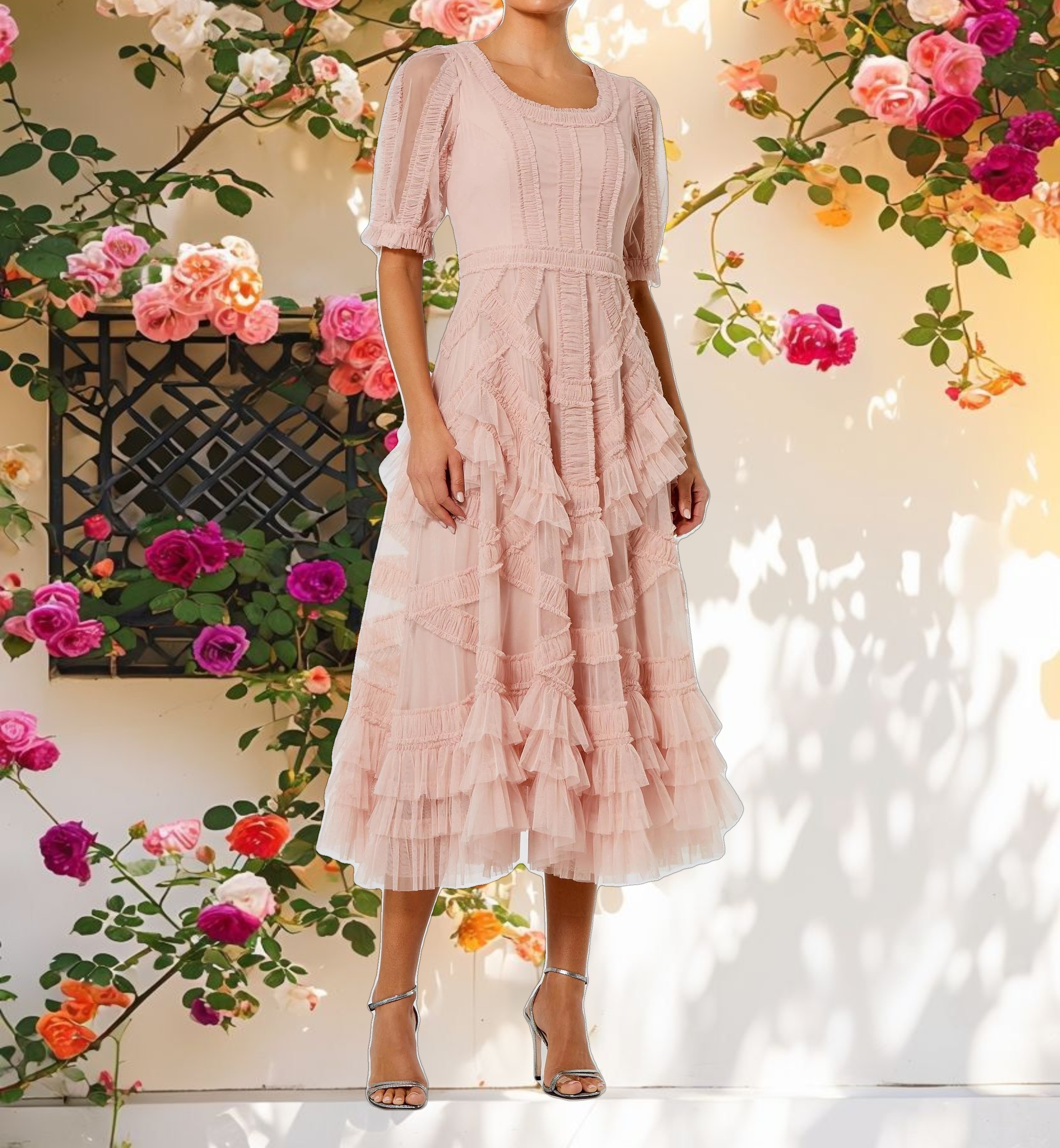 Pink Short Sleeve Mesh Ruffle Midi Dress