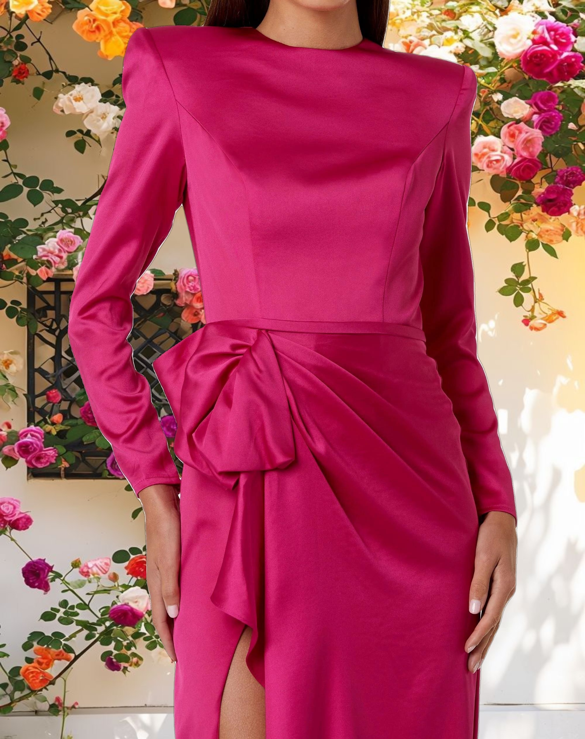 Pink Long Sleeve Satin Structured Bow Draped Column Gown