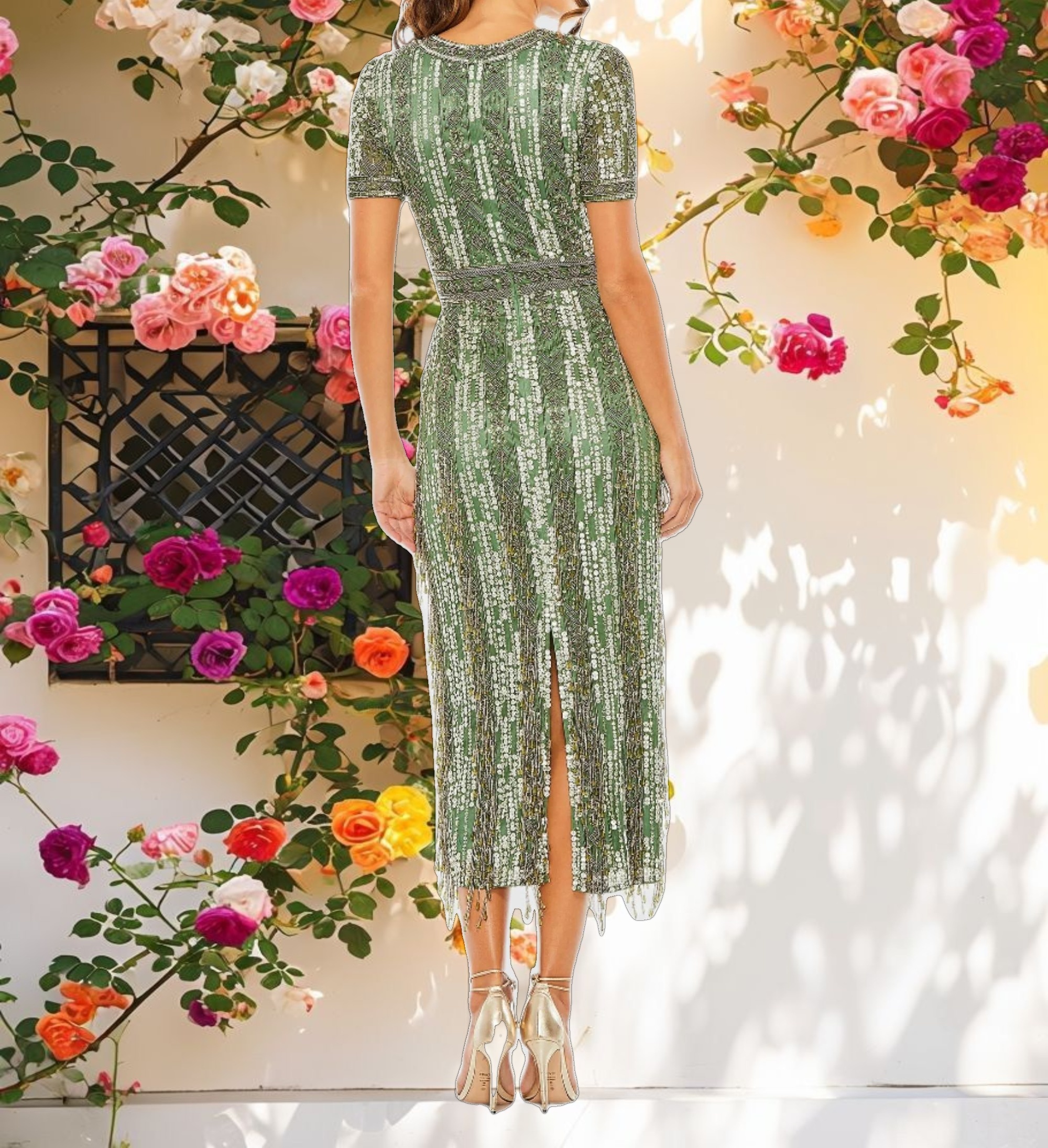 Green High Neck Short Sleeve Crystal Fringe Sheath Dress