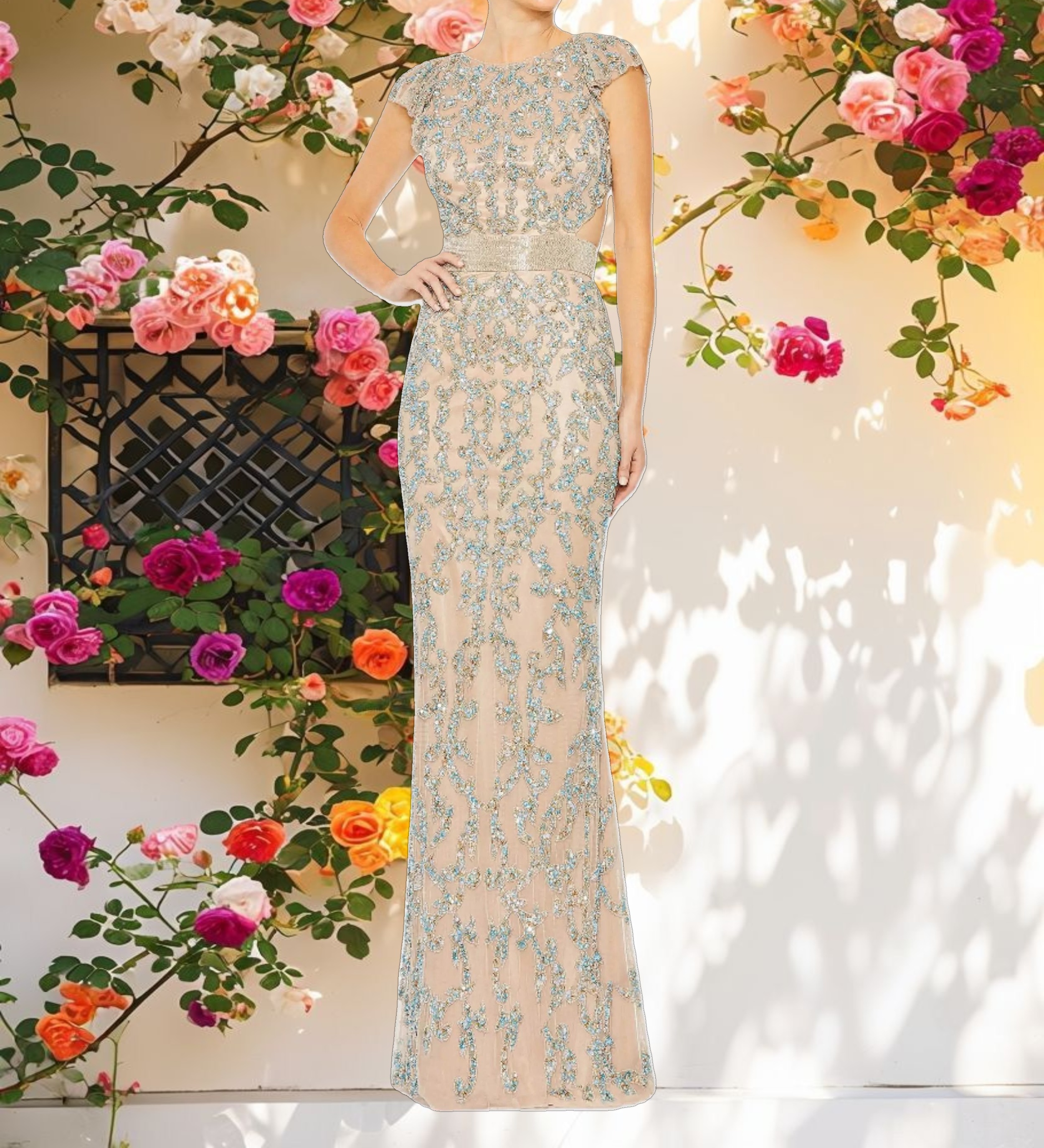 Damask Sequin Embellished Open Back Lace Up Cap Sleeve Gown