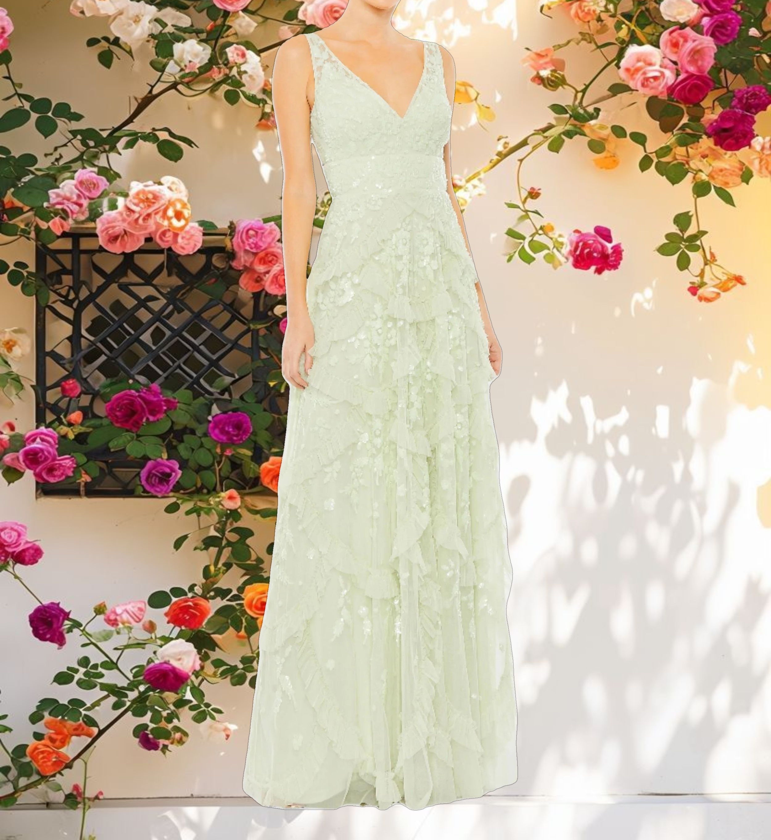 Green Sequined Scallop Ruffle Tiered V Neck Gown