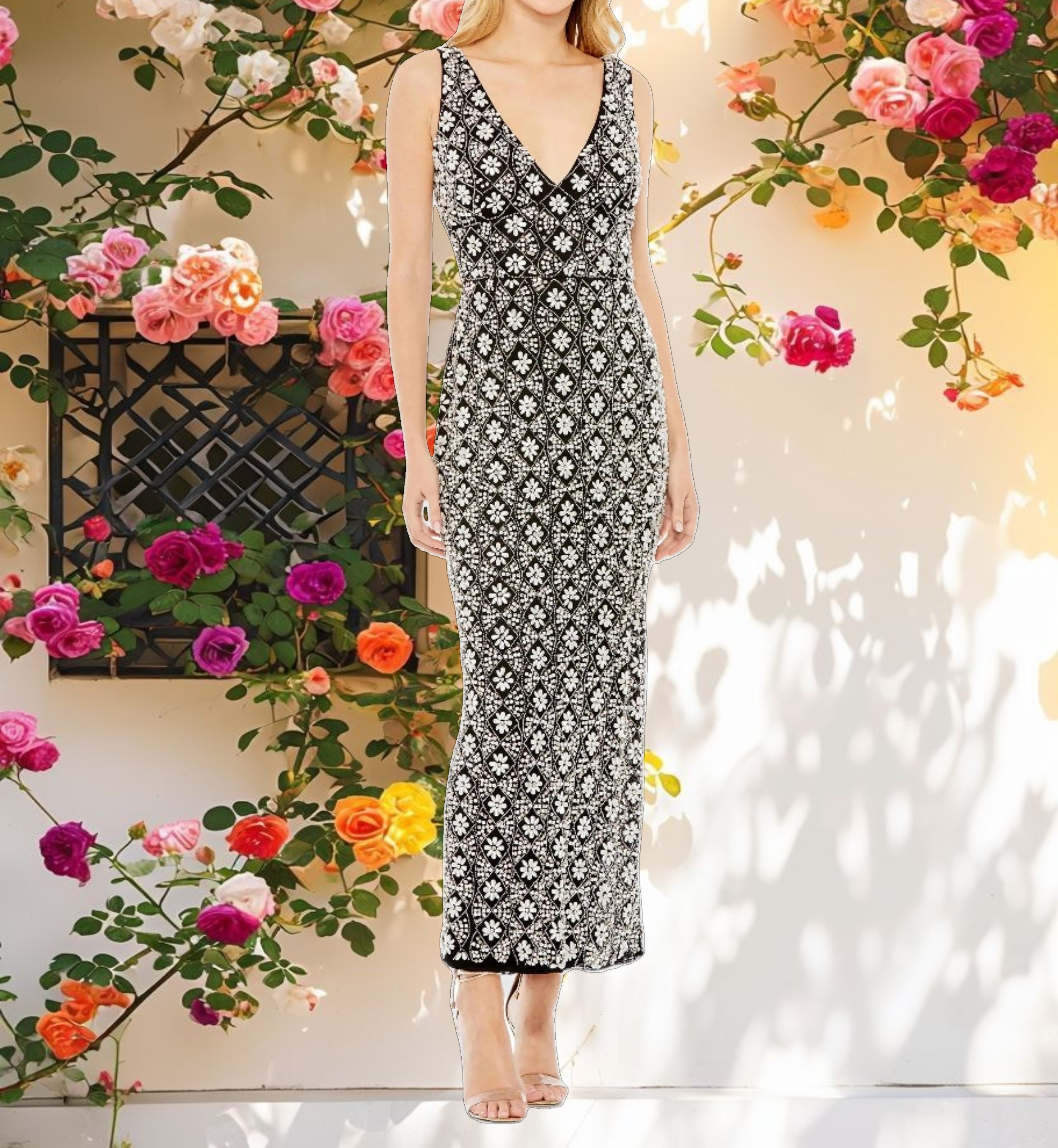 Black Fully Beaded Sleeveless Column Dress