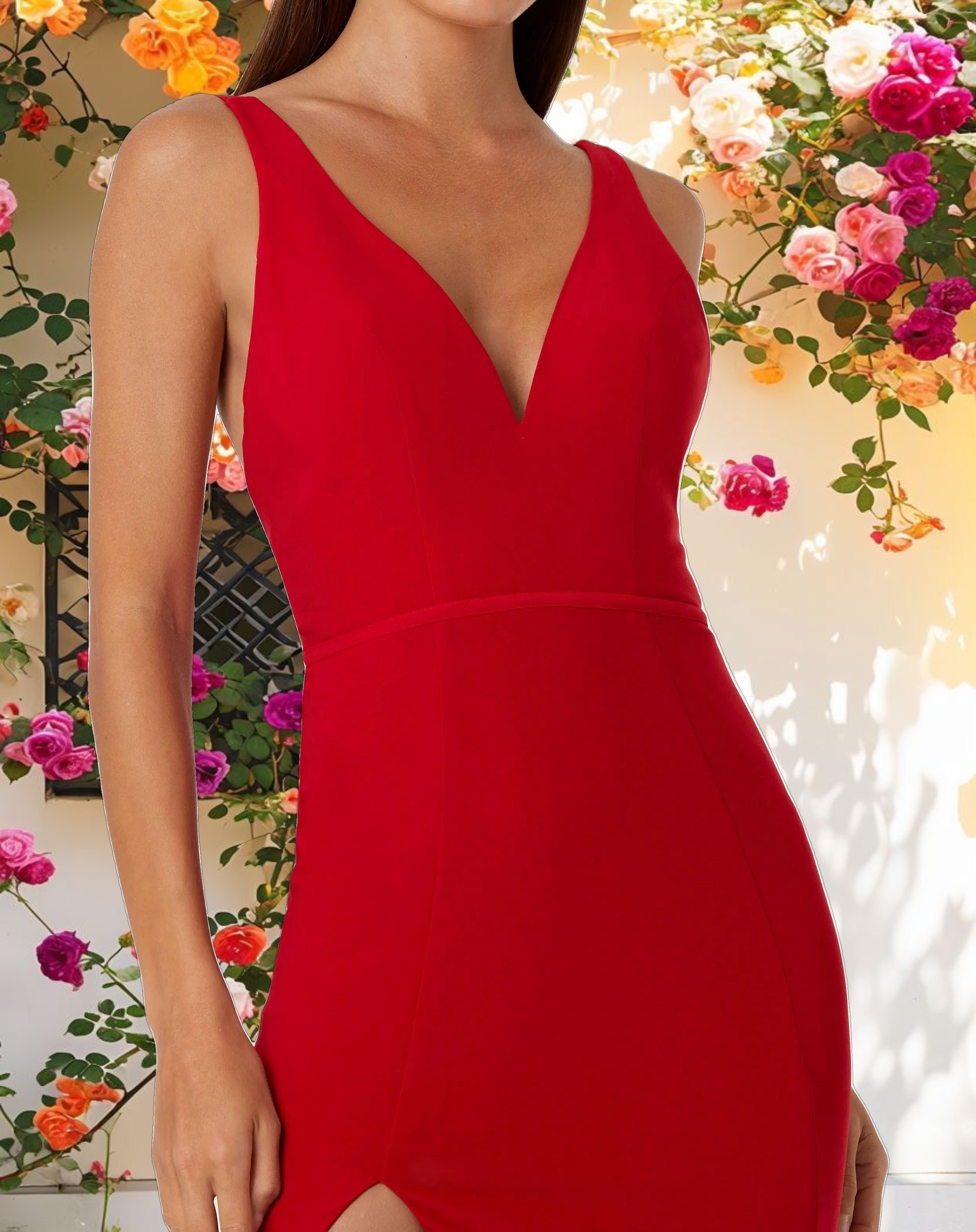 Red Plunge Neck High Slit Gown