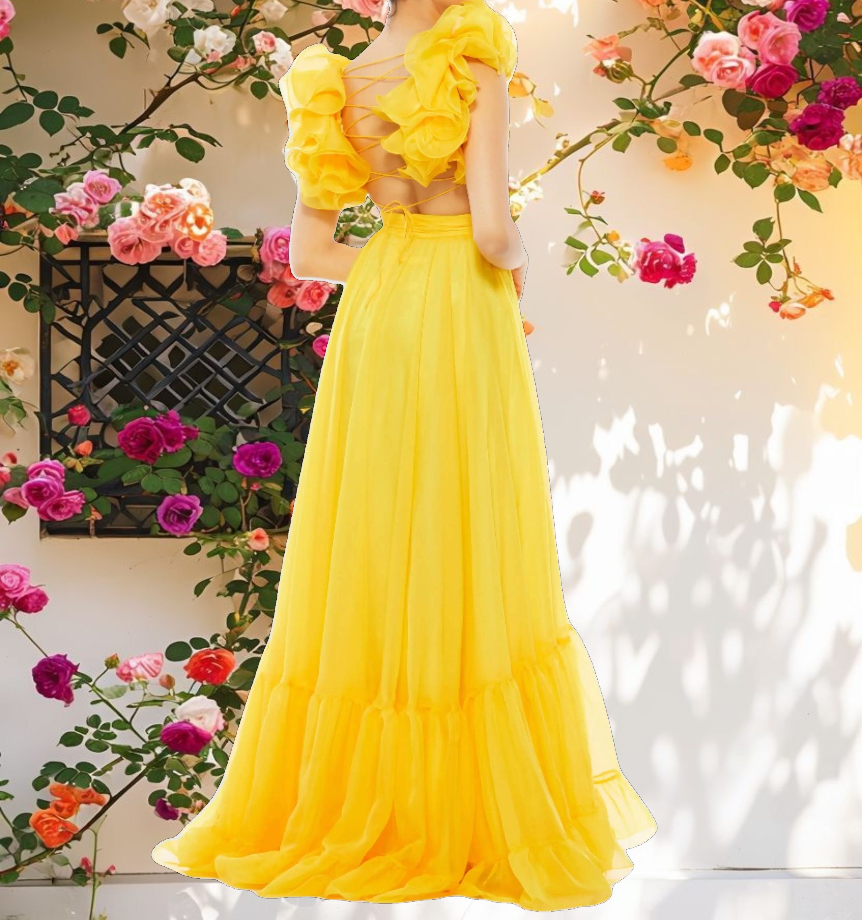 Ruffle Tiered Cut Out Chiffon Gown