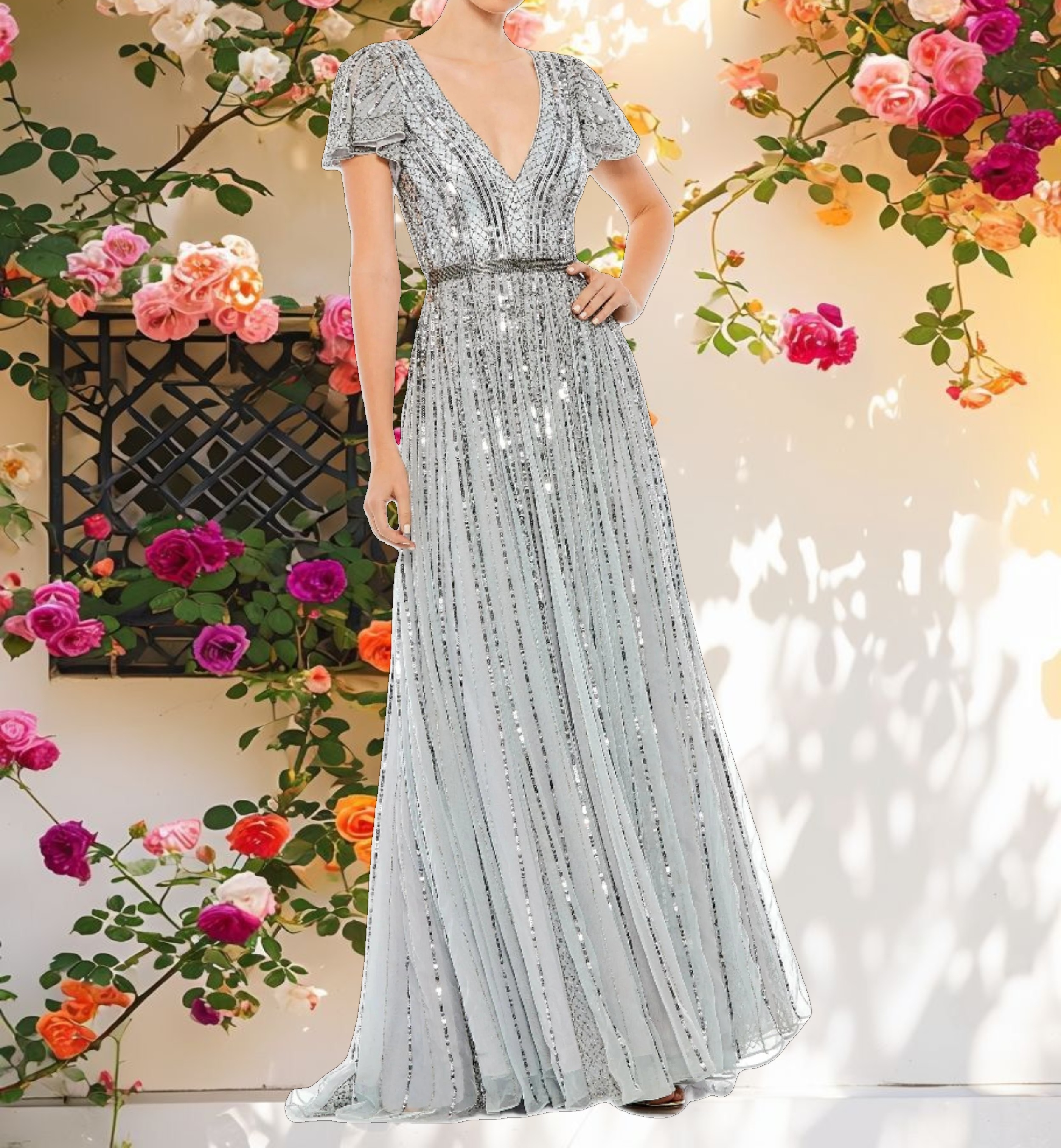 Blue Stripe Sequin V Neck Gown