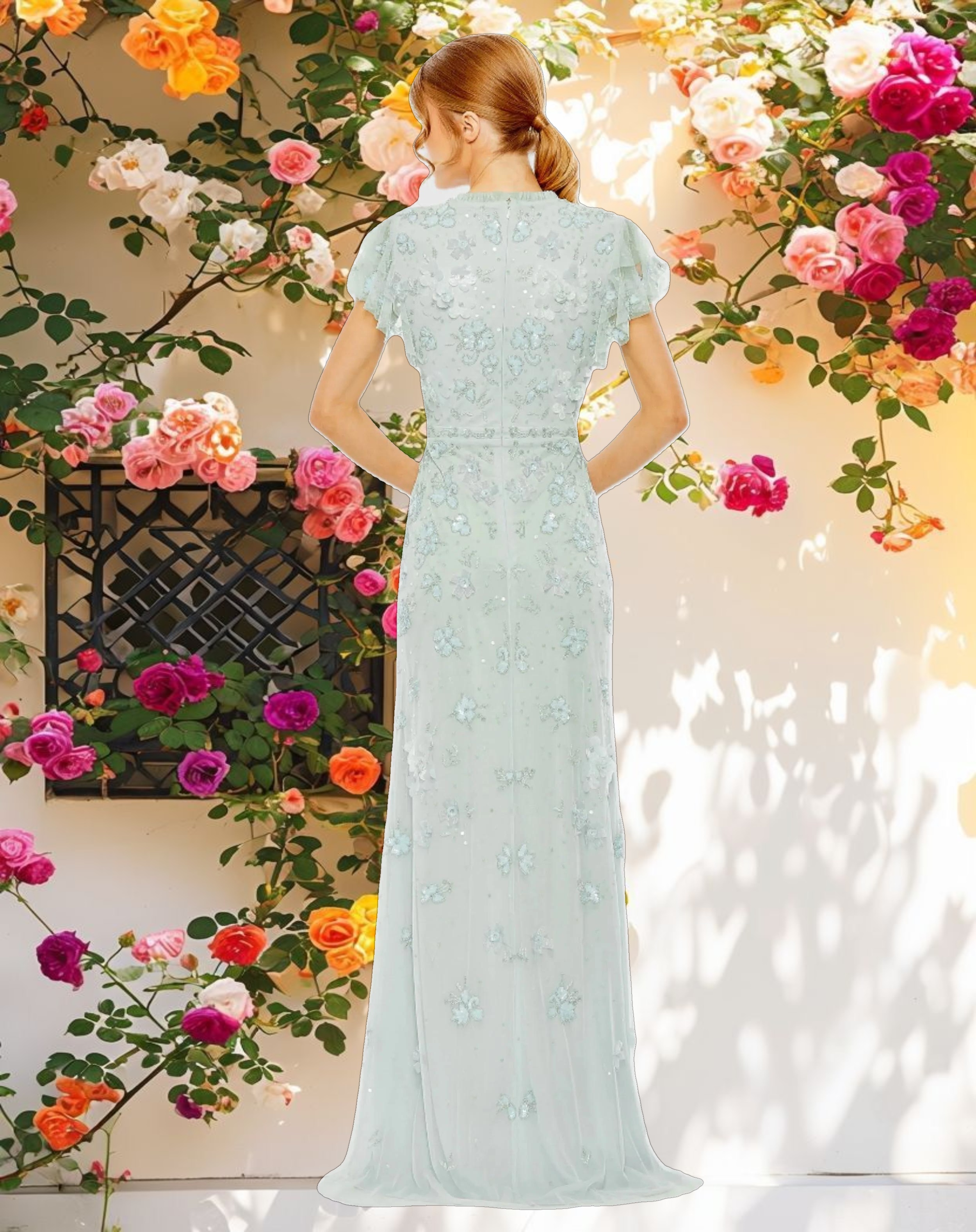Blue Floral Embellished High Neck Flutter Sleeve Gown