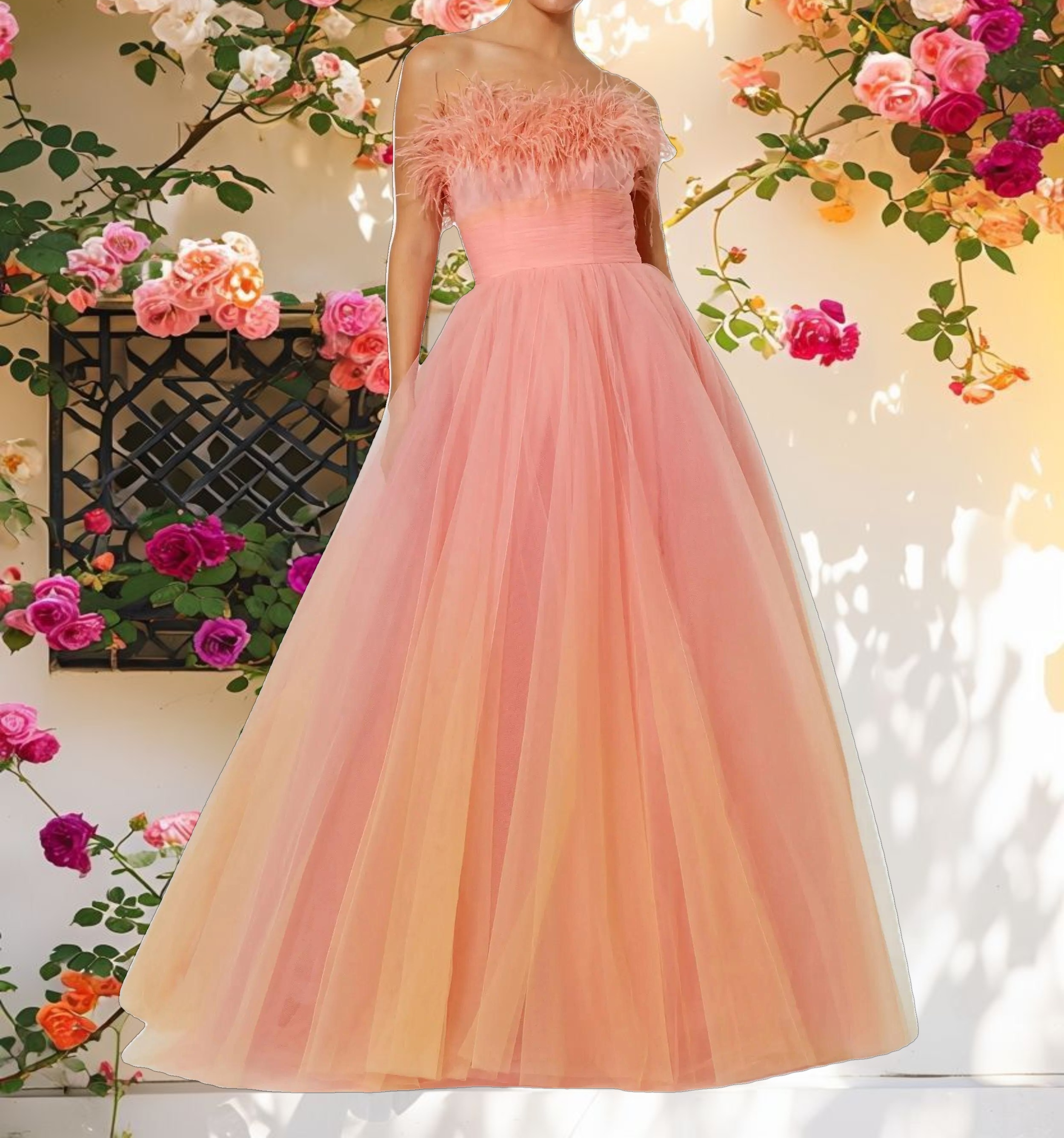 Orange and Pink Ombre Strapless Feather Bodice Tulle Gown