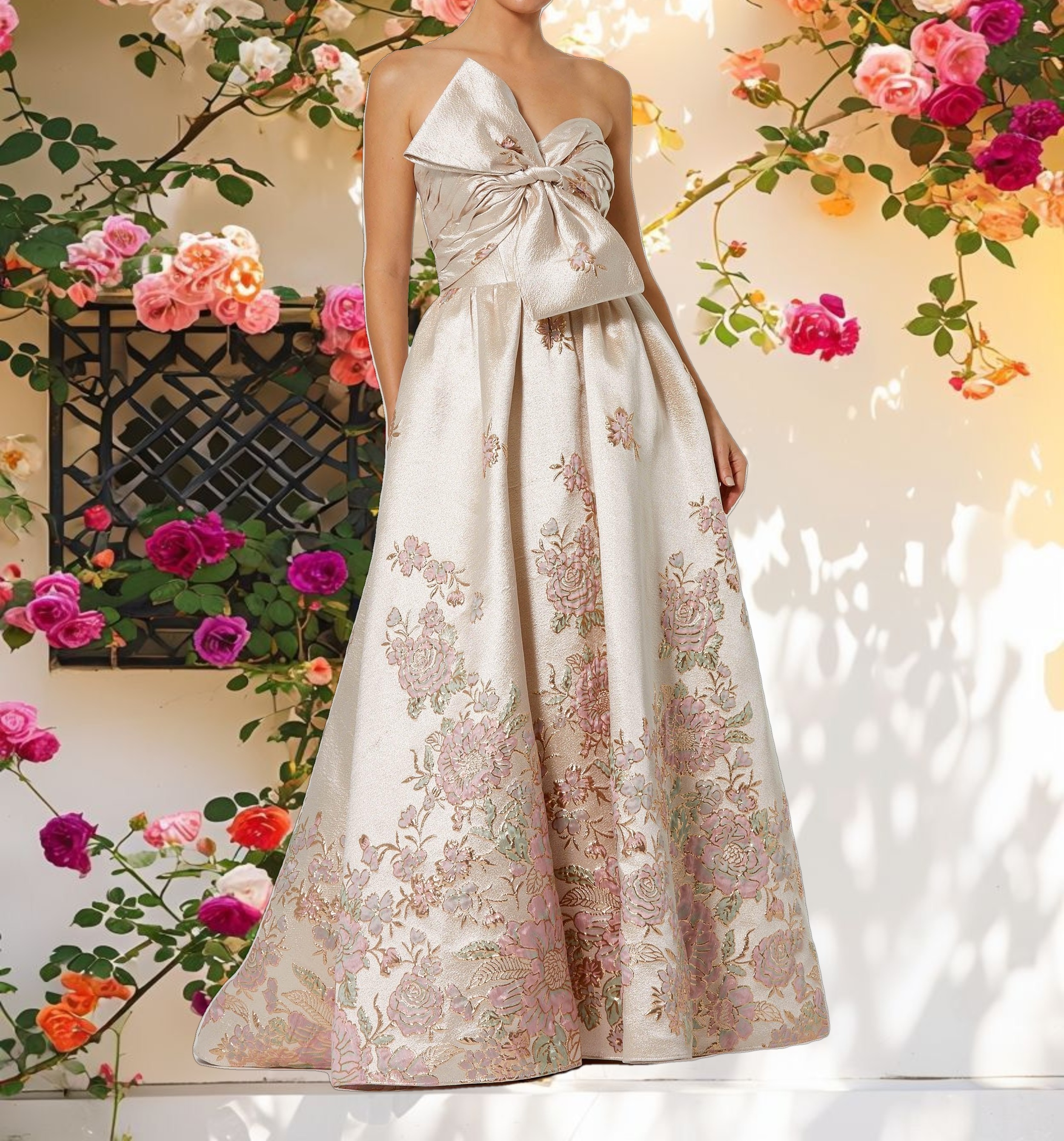 Elegant Strapless Floral Gown With Bow Detail