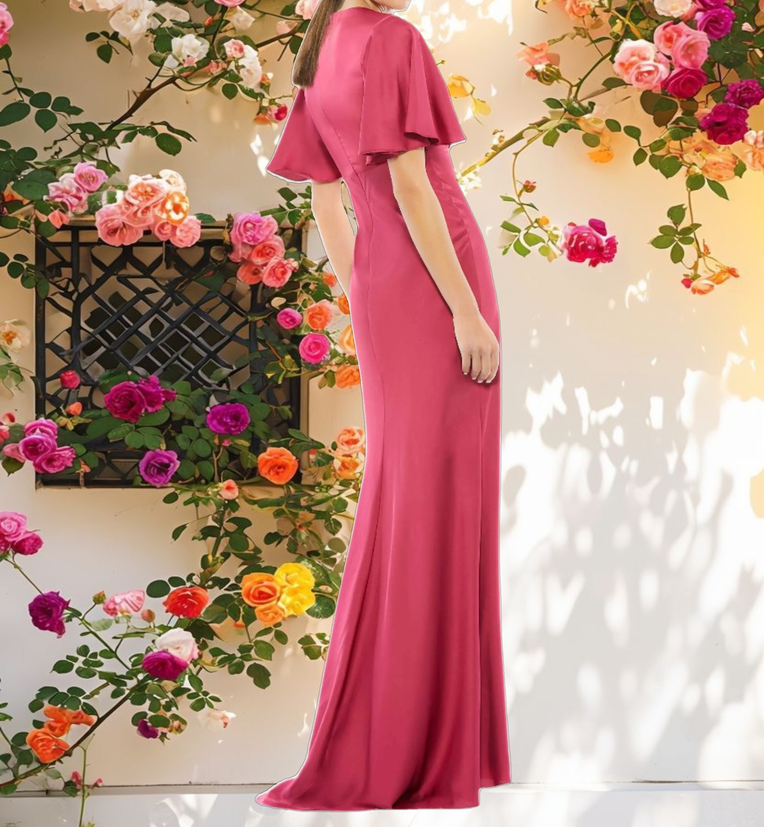 Flounce Sleeve V-neck Trumpet Gown