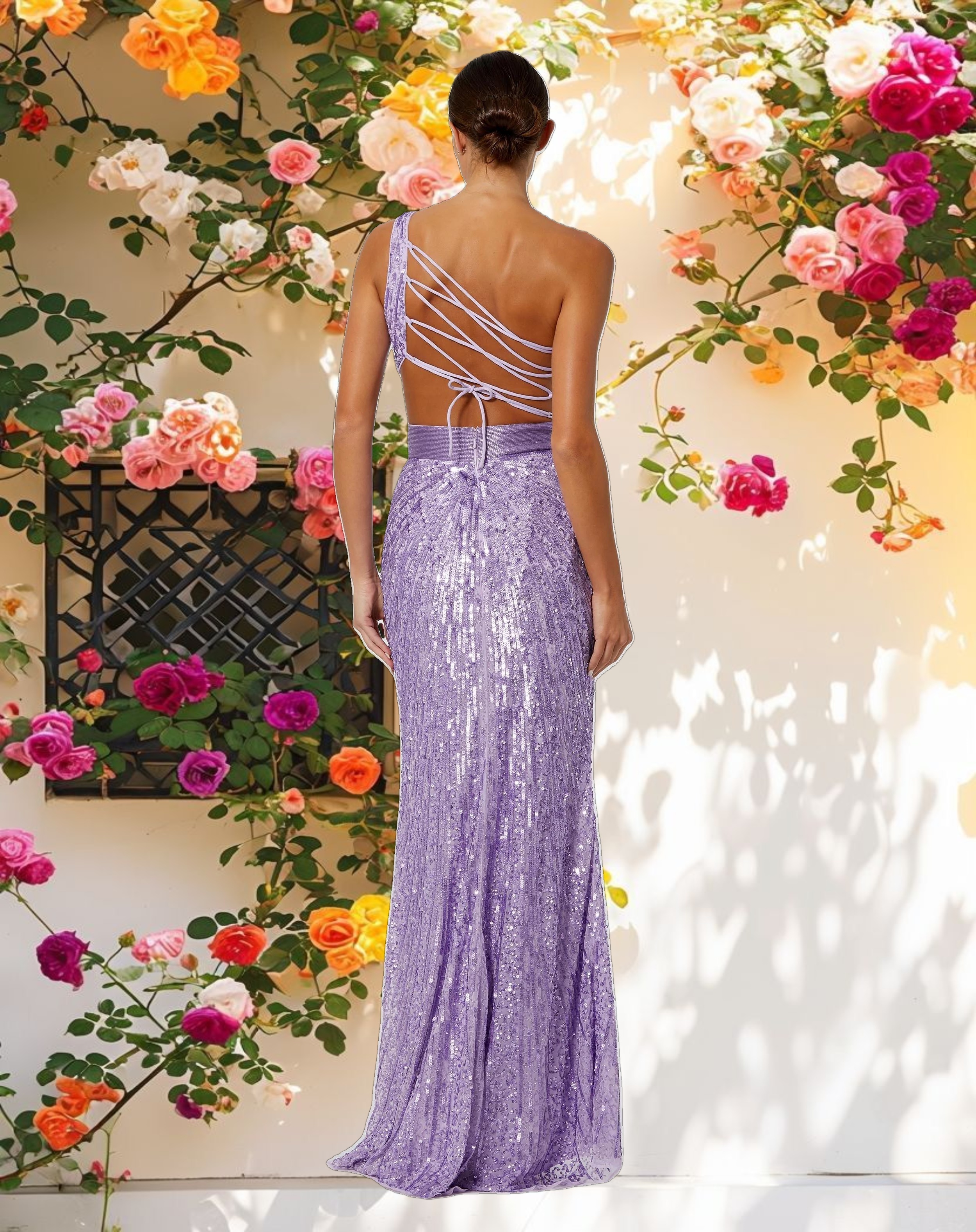 Purple Sequined One Shoulder Draped Lace Up Gown