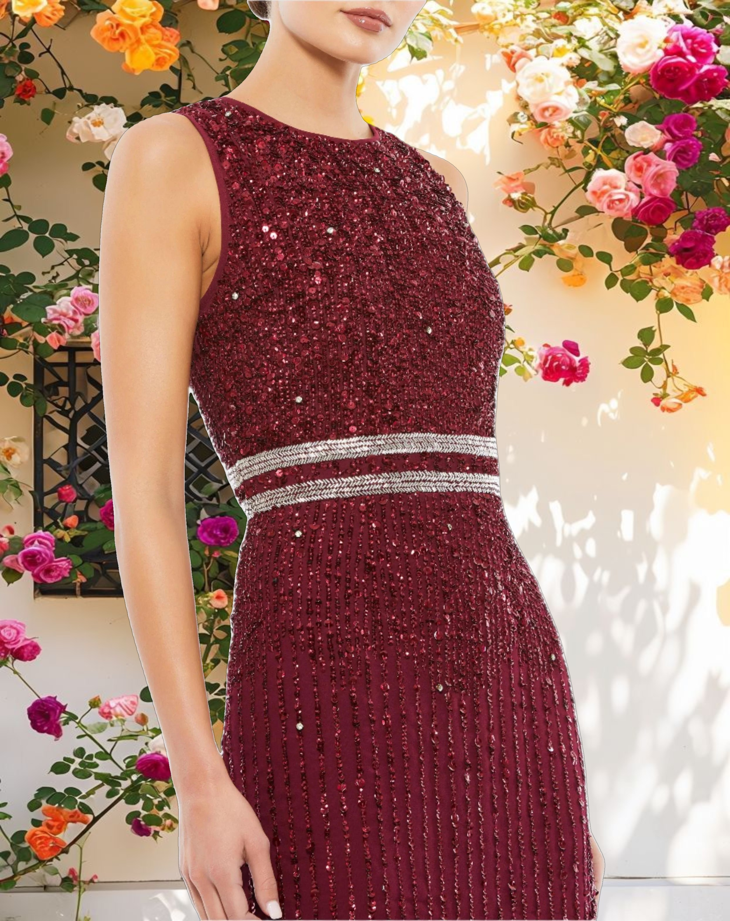 Dark Red Sleeveless High Neck Beaded Midi Sheath Dress
