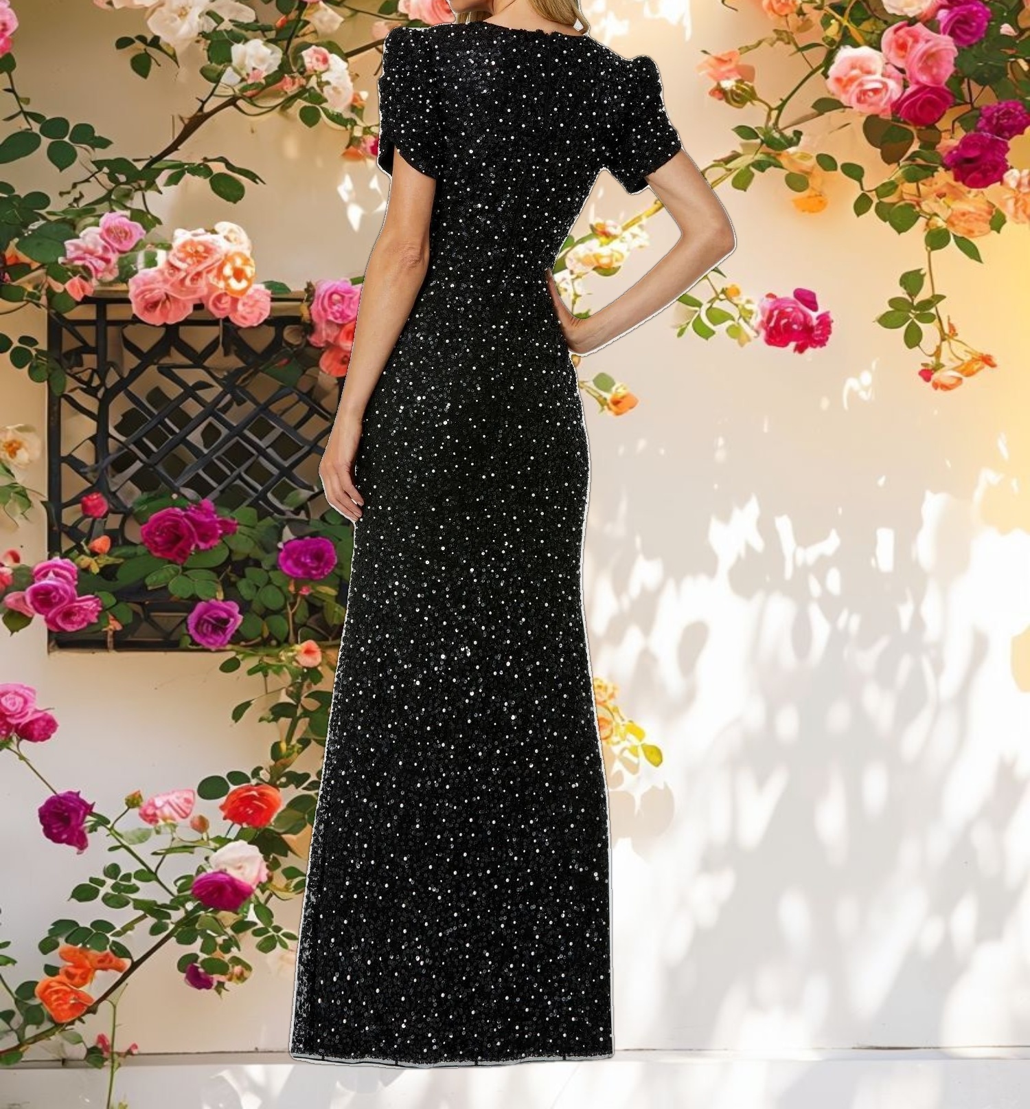 Gathered Short Sleeve Beaded Gown