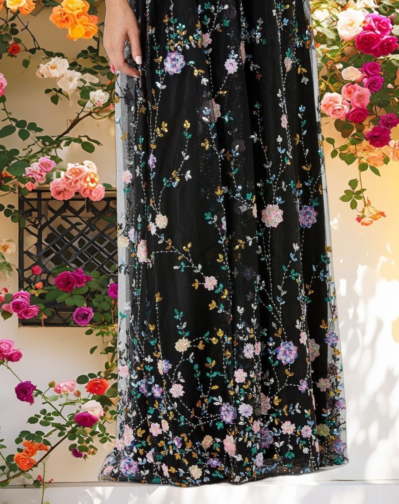 Black Embroidered Butterfly Sleeve Empire Waist Dress