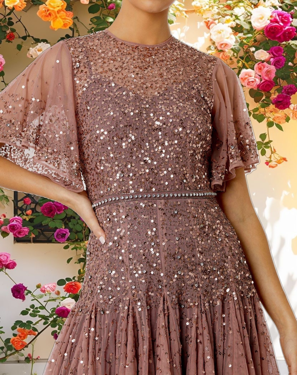 Pink Cape Sleeve Beaded Tea Length Drop Waist Dress