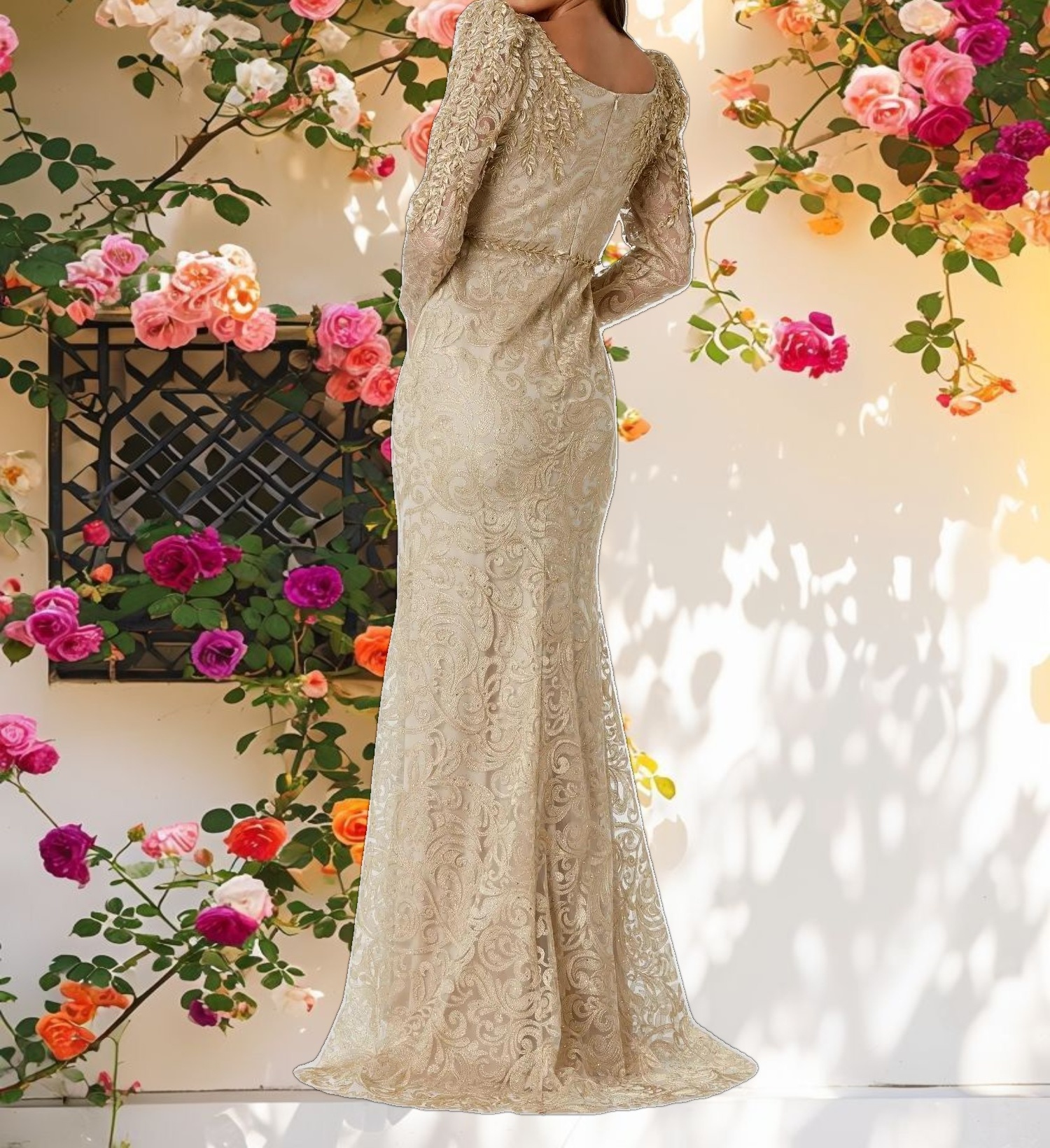 Gold Embroidered Lace Applique Shoulder Detail Trumpet Gown