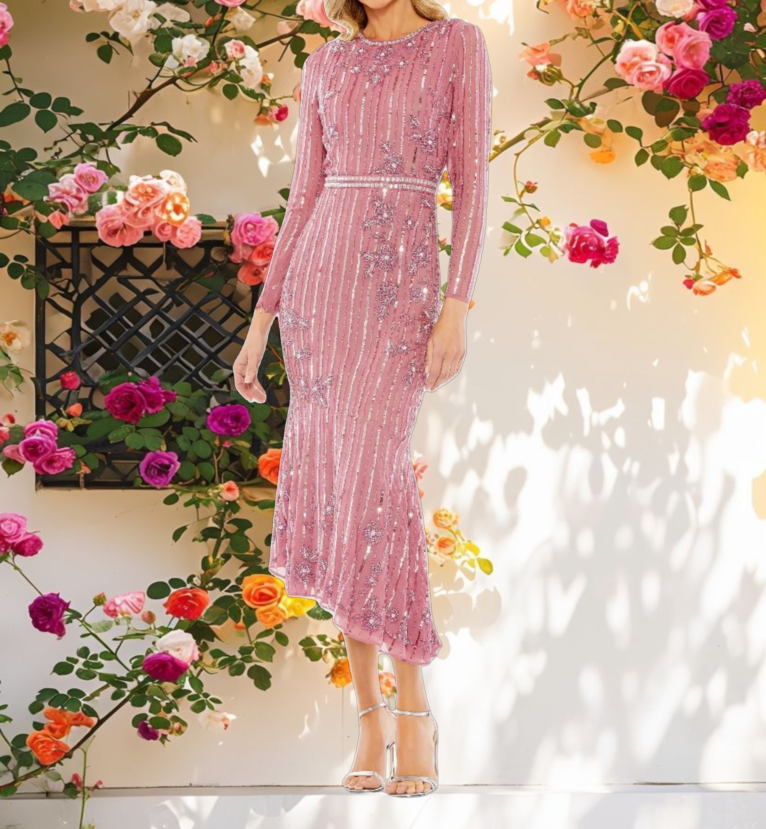 Pink Long Sleeve Decorated Tea Length Dress